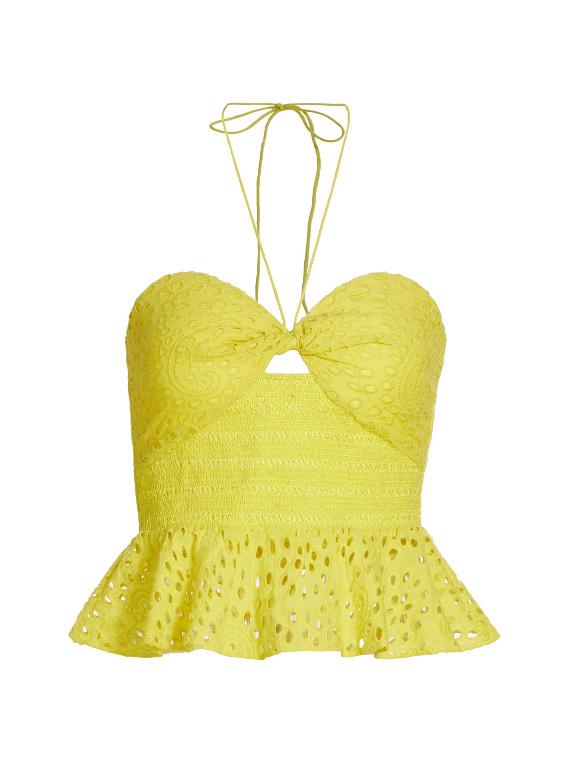 Alice + Olivia Women's Halter Eyelet Peplum Crop Top - Happy Yellow