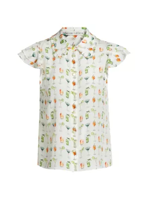 Alice + Olivia Women's Martel Cocktail-Print Silk Blouse - Sweet On You Off White - Men's Accessories