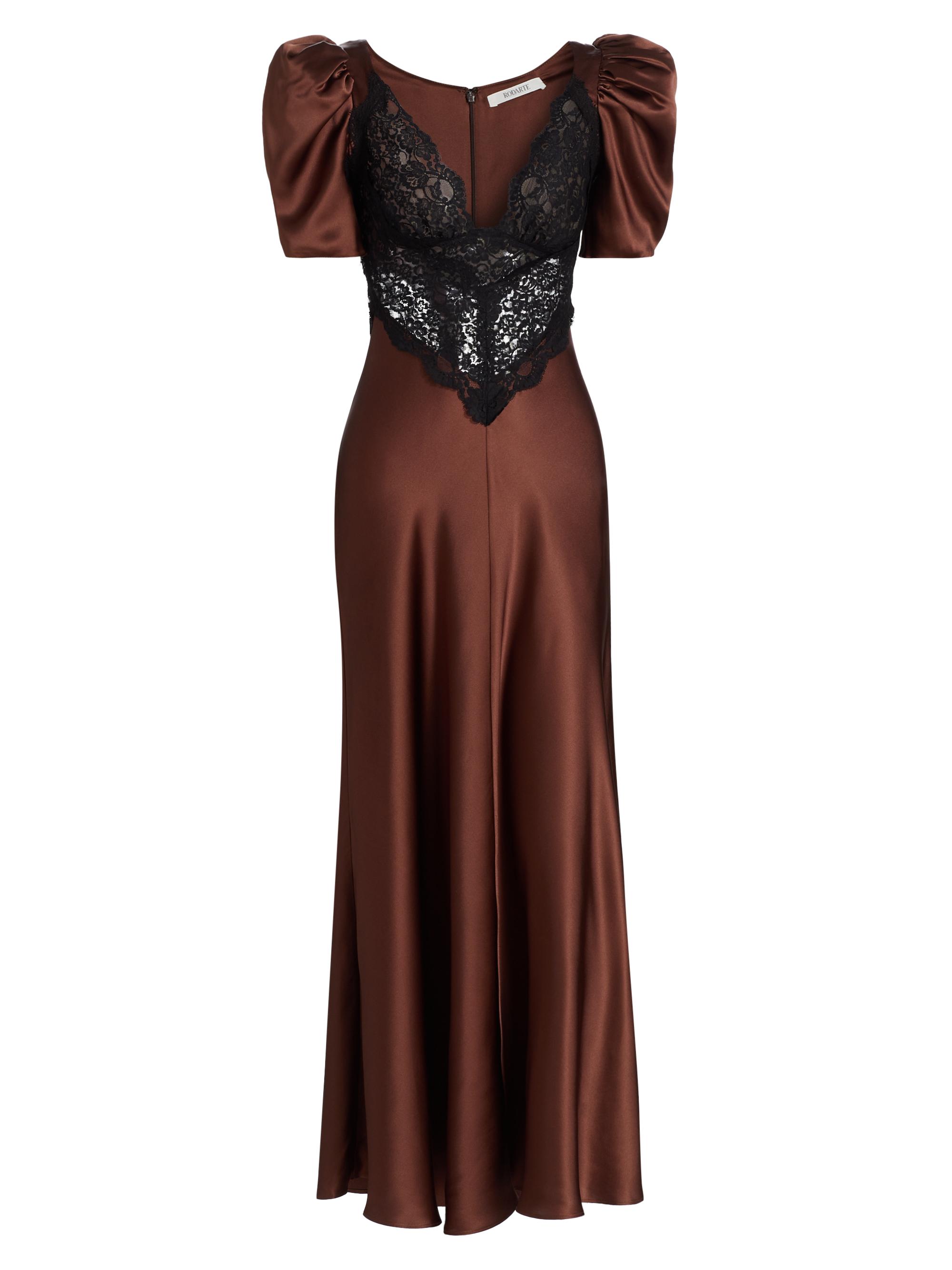 Rodarte Women's Lace-Paneled Silk Maxi Dress - Brown