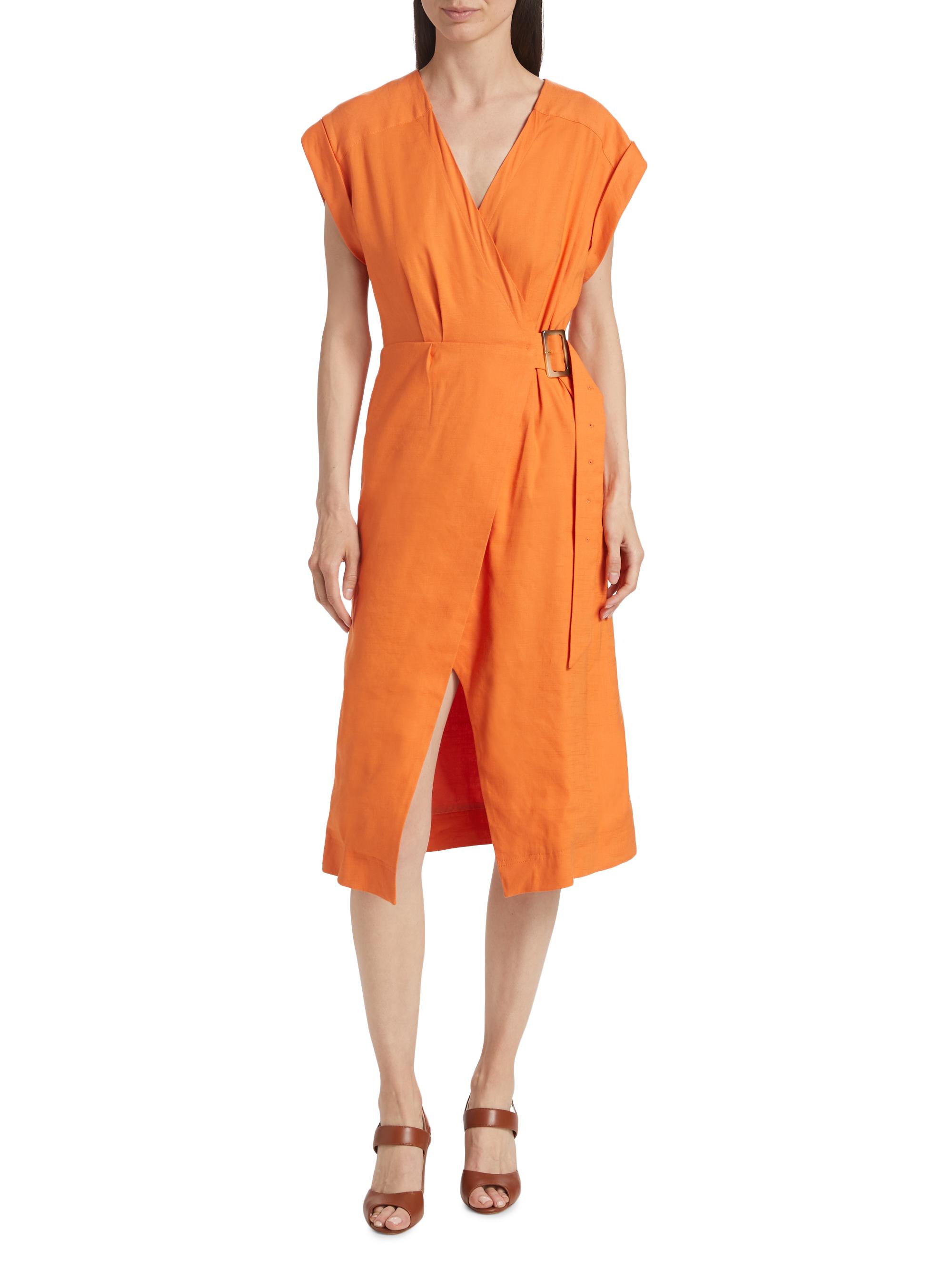 Veronica Beard Women's Octavia Linen-Blend Wrap Midi-Dress - Orange - Size 00