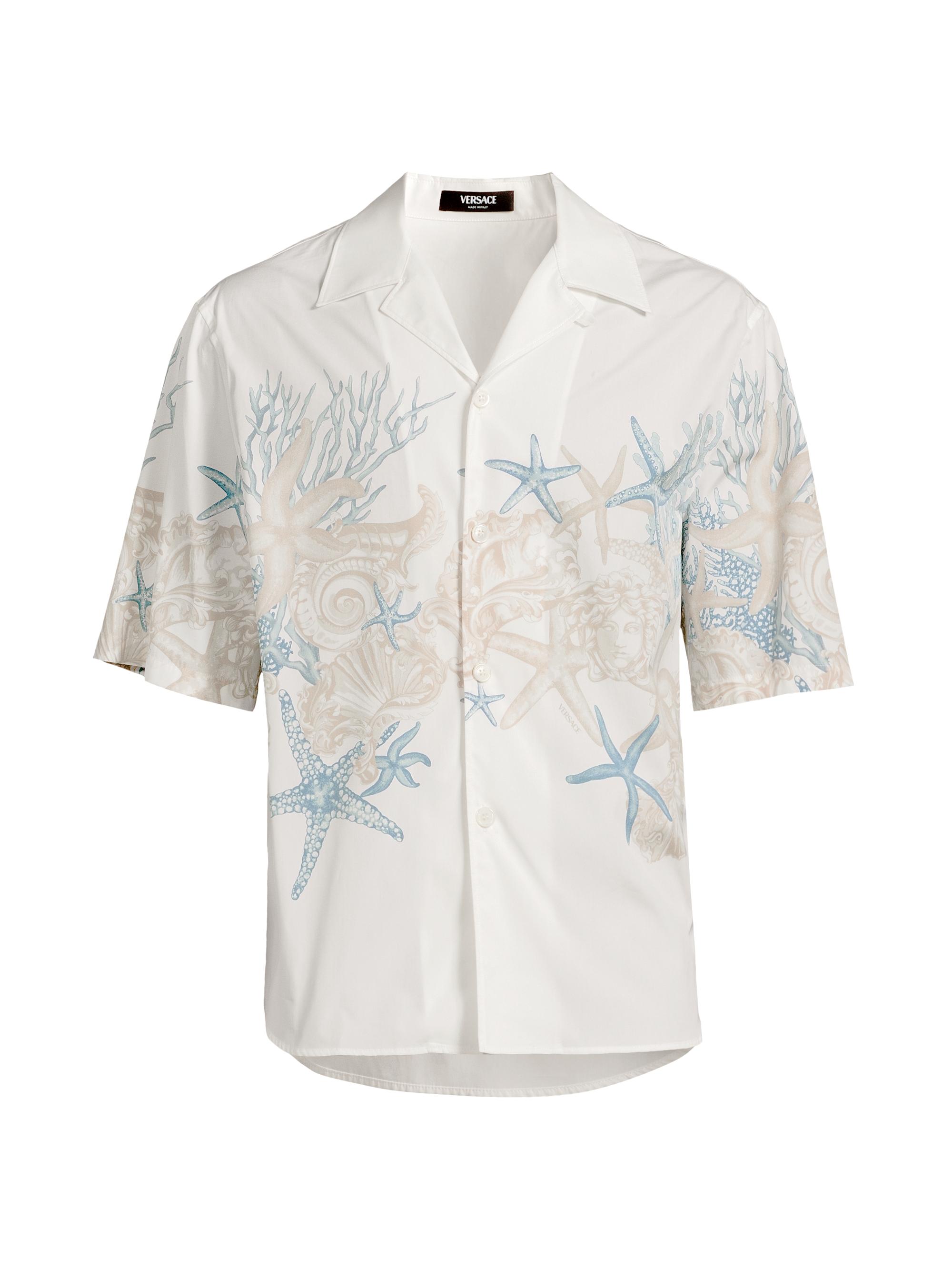 Versace Men's Coral & Starfish Cotton Camp Shirt - White Dusty Blue Bone