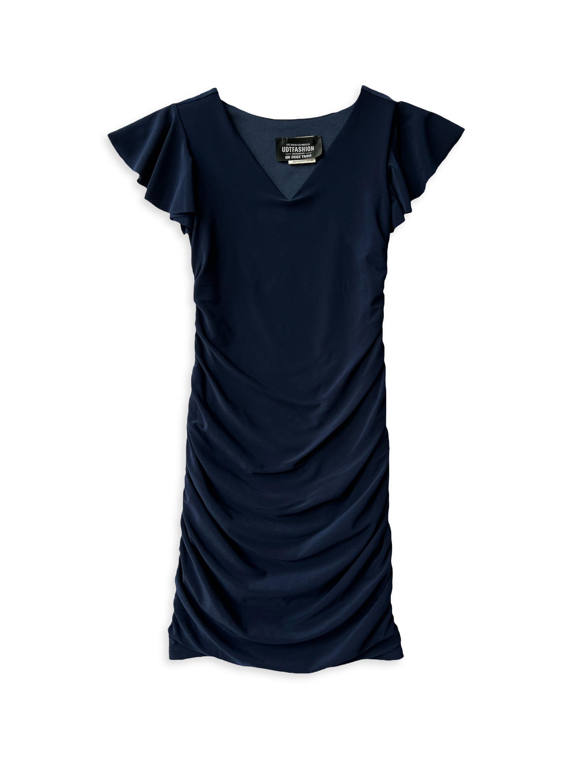 Un Deux Trois Girl's Fitted Ruched Dress - Navy