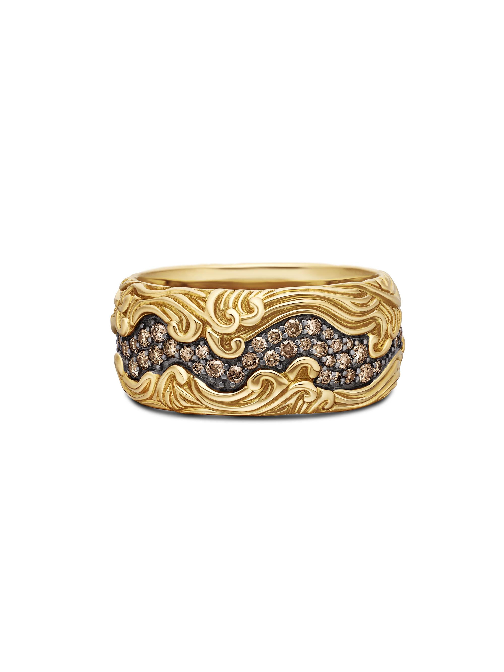 David Yurman Men's Waves Band Ring in 18K Yellow Gold - Cognac Diamond