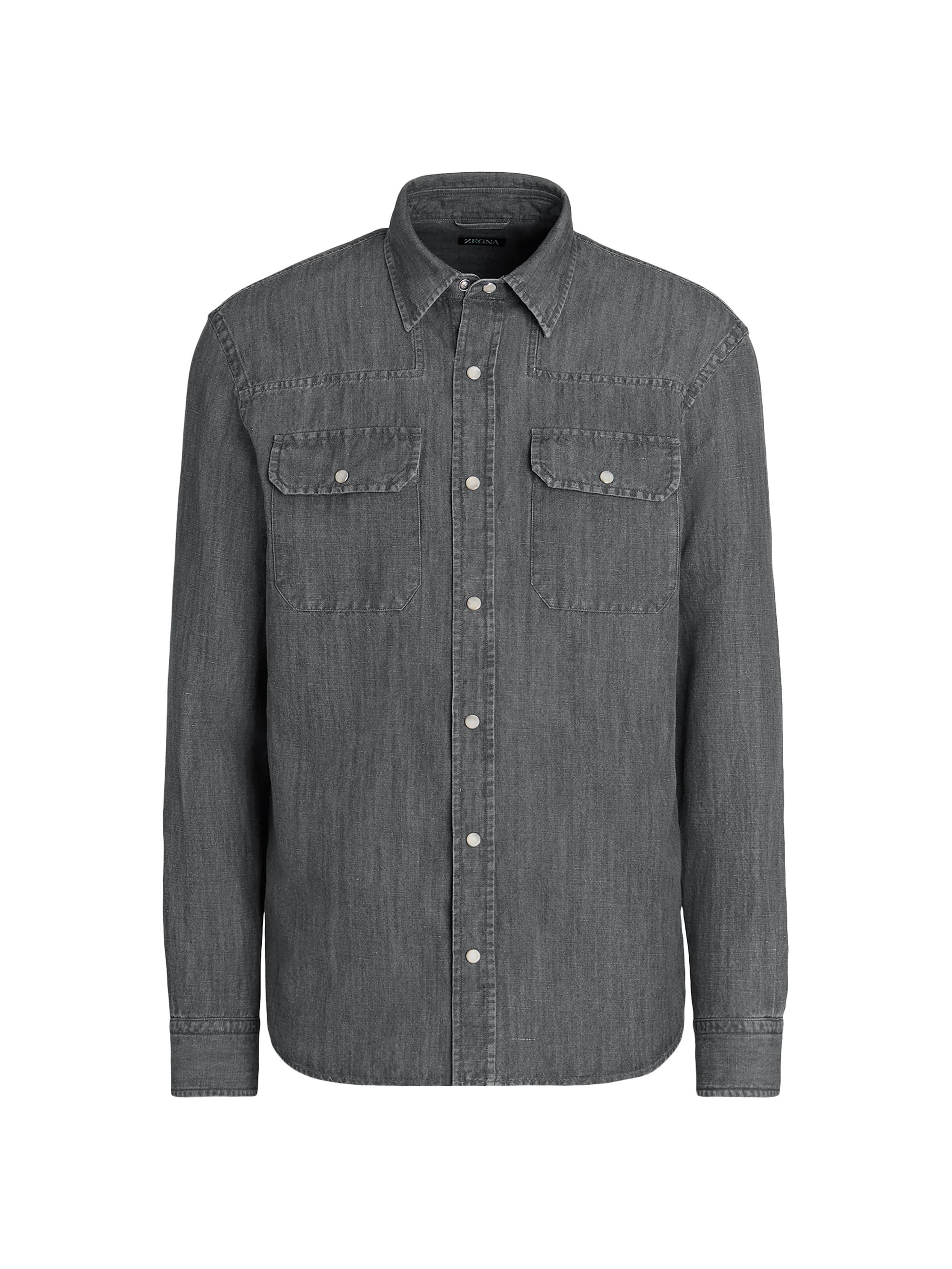 ZEGNA Men's Bleached Cotton and Linen Denim Shirt - Light Grey