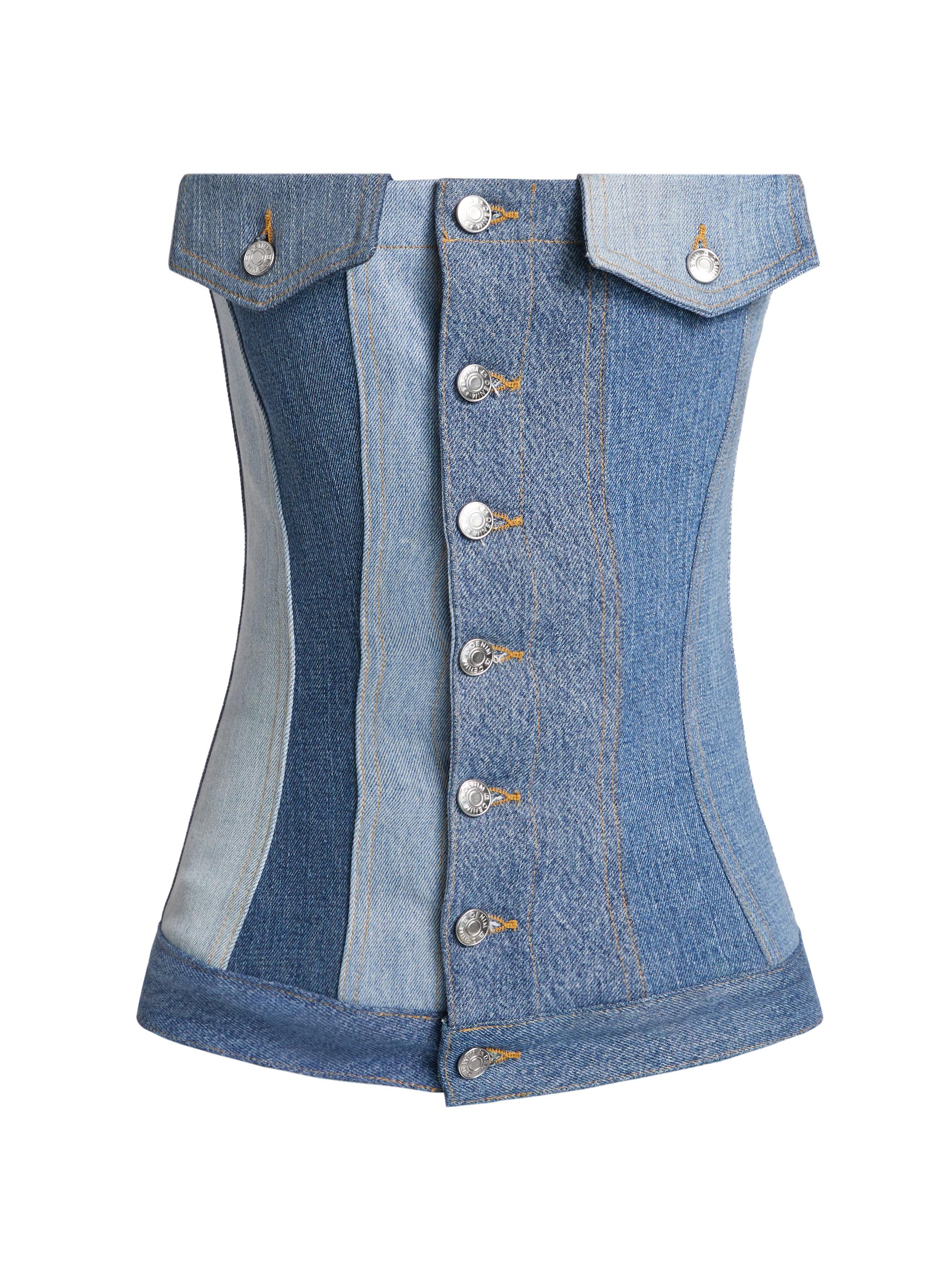 EB Denim Women's Rosalia Upcycled Vintage Denim Patchwork Corset Top - Vintage Blue