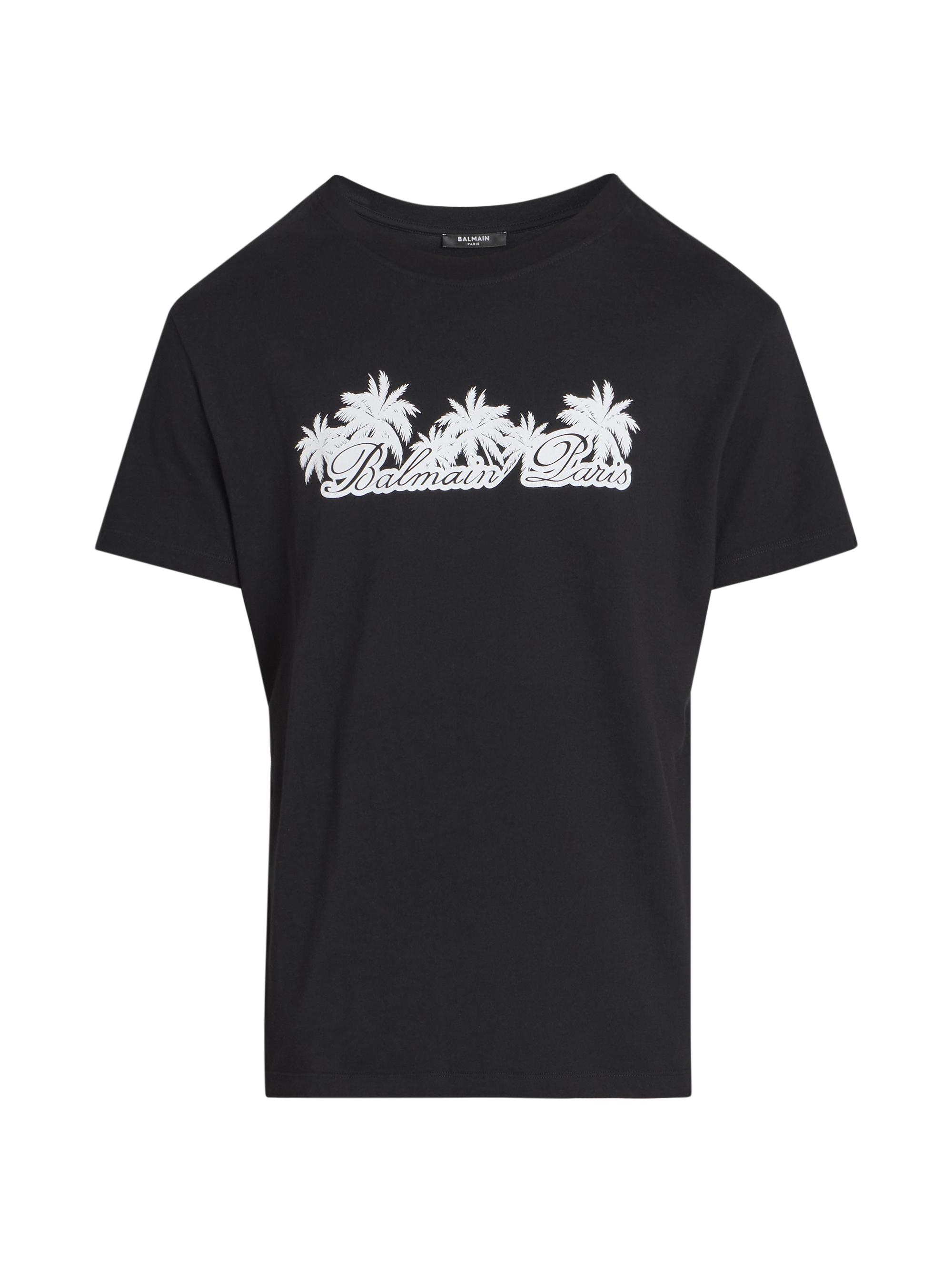 Balmain Men's Palm Logo Cotton T-Shirt - Black White
