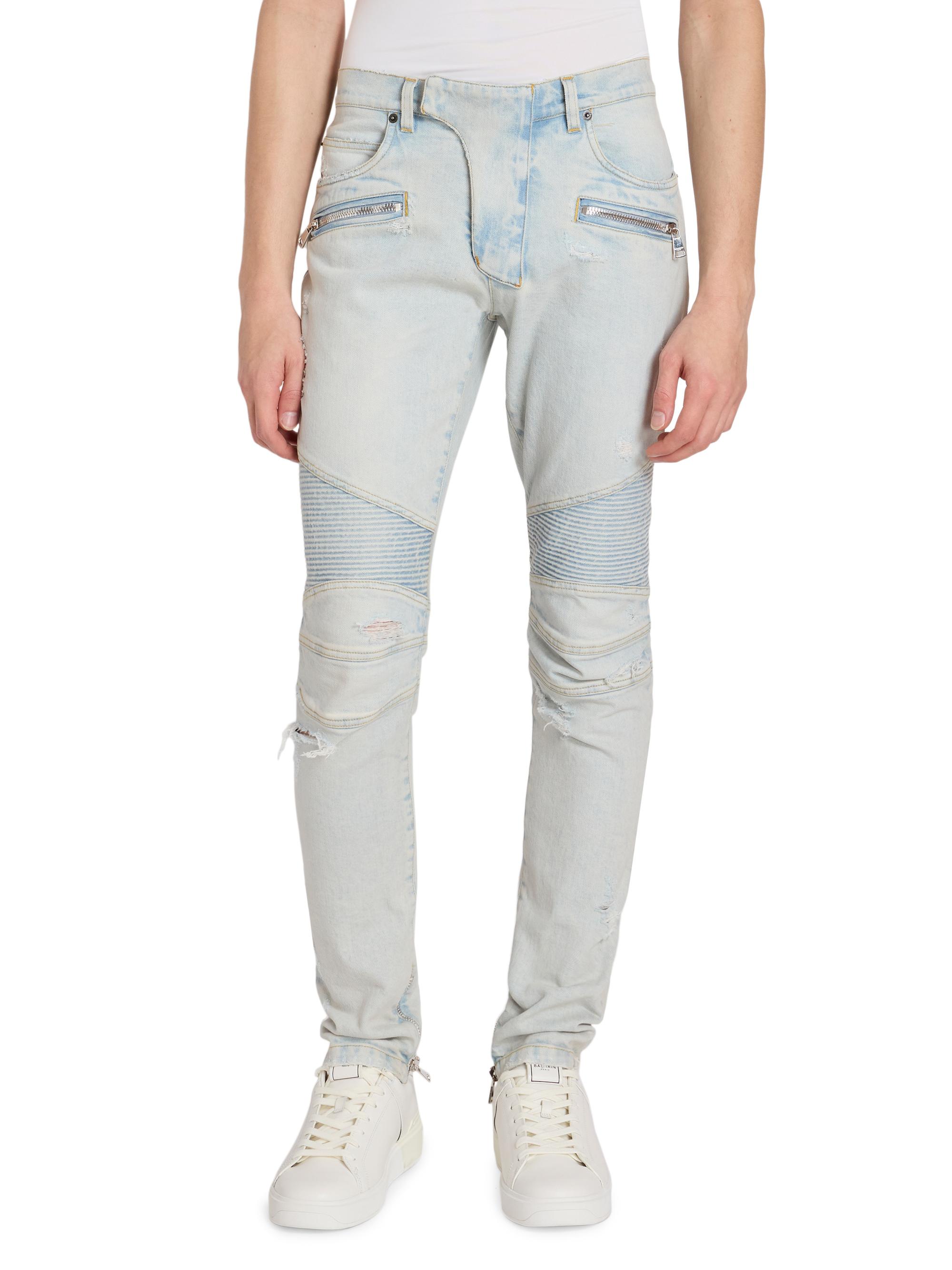 Balmain Distressed Zip Biker Jeans | Saks Fifth Avenue