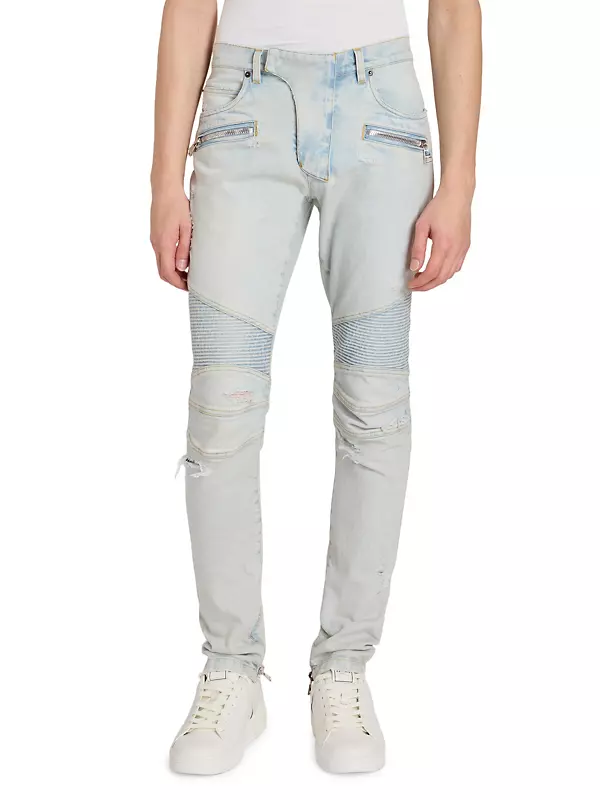 Shop Balmain Distressed Zip Biker Jeans | Saks Fifth Avenue