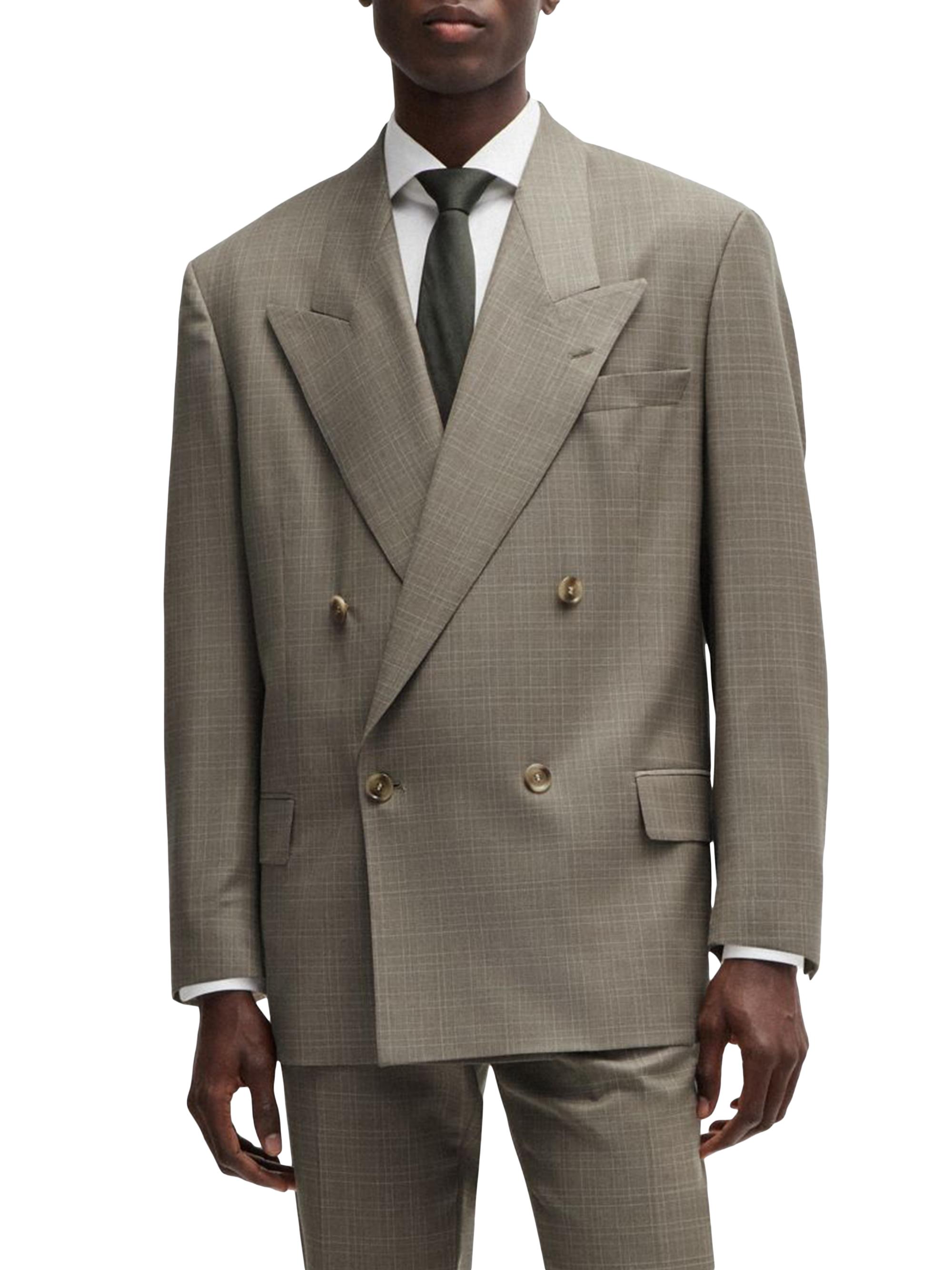 BOSS Men's Relaxed Fit Jacket in Checked Virgin Wool Serge - Beige
