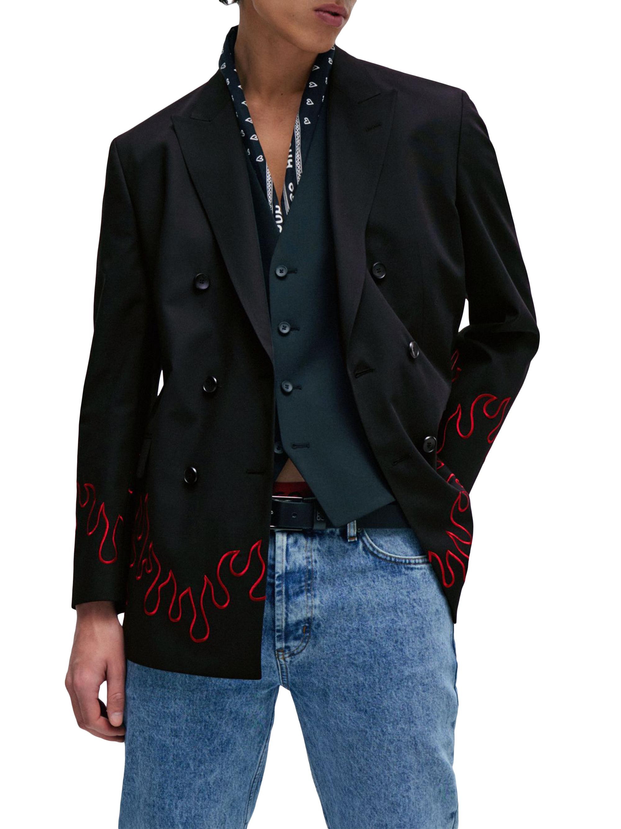 HUGO Men's Modern Fit Double Breasted Jacket with Flame Embroidery - Black