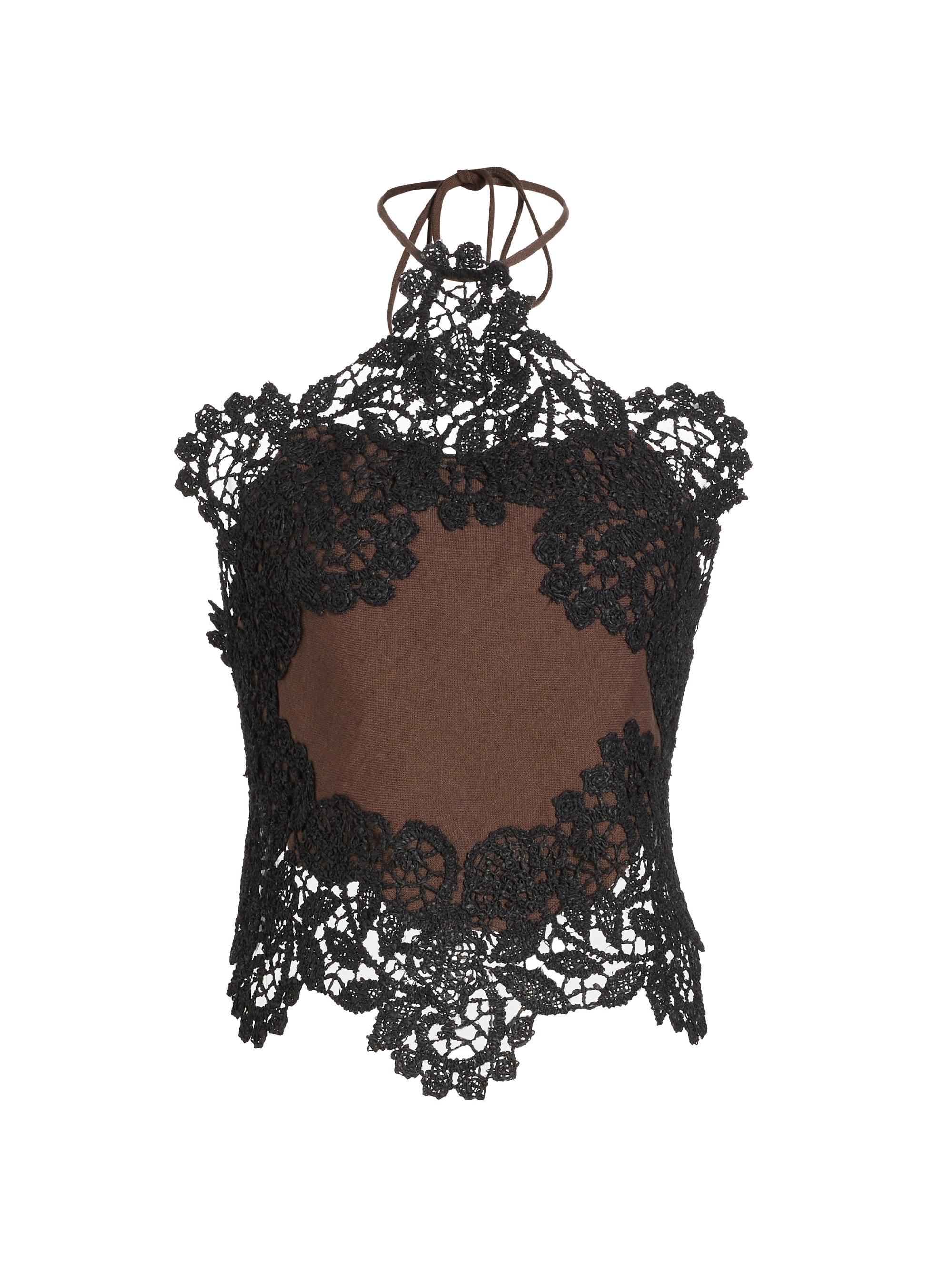 Rosie Assoulin Women's Linen Lace Halter Top - Chocolate