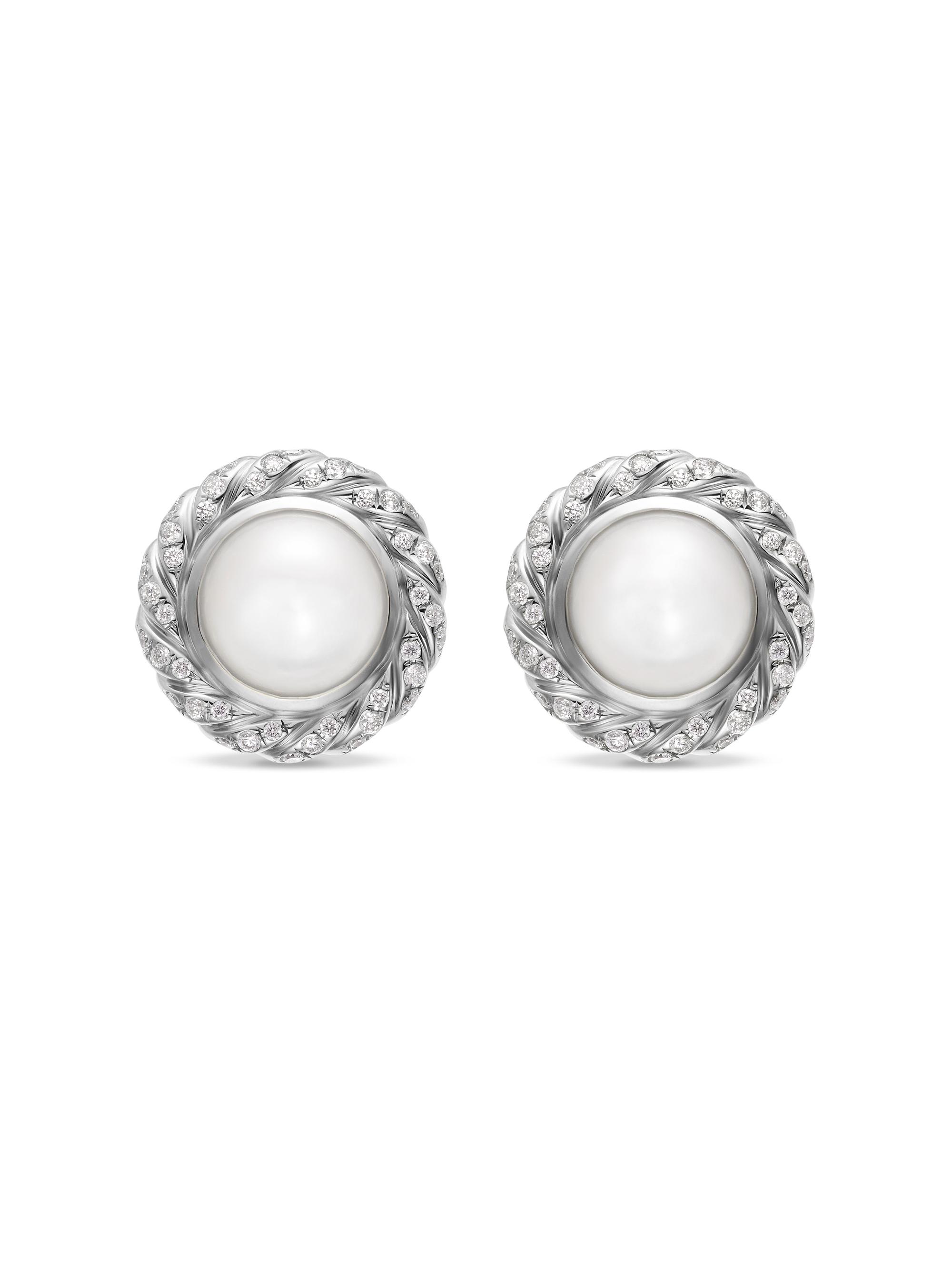 David Yurman Women's Pearl Classics Cable Halo Button Earrings in Sterling Silver with Diamonds, 13MM - Pearl