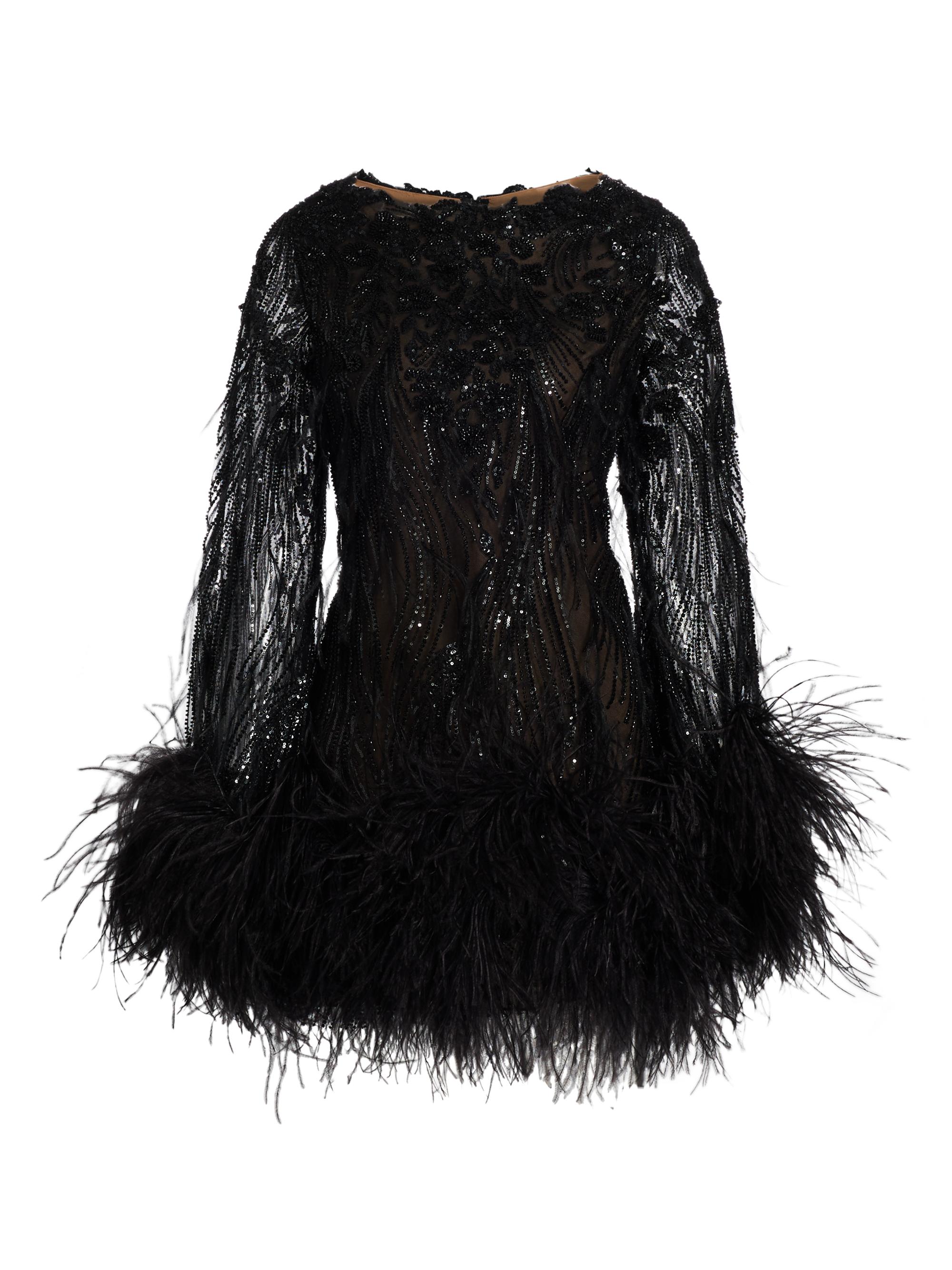 Marchesa Women's Beaded Feather-Trimmed Cocktail Minidress - Black