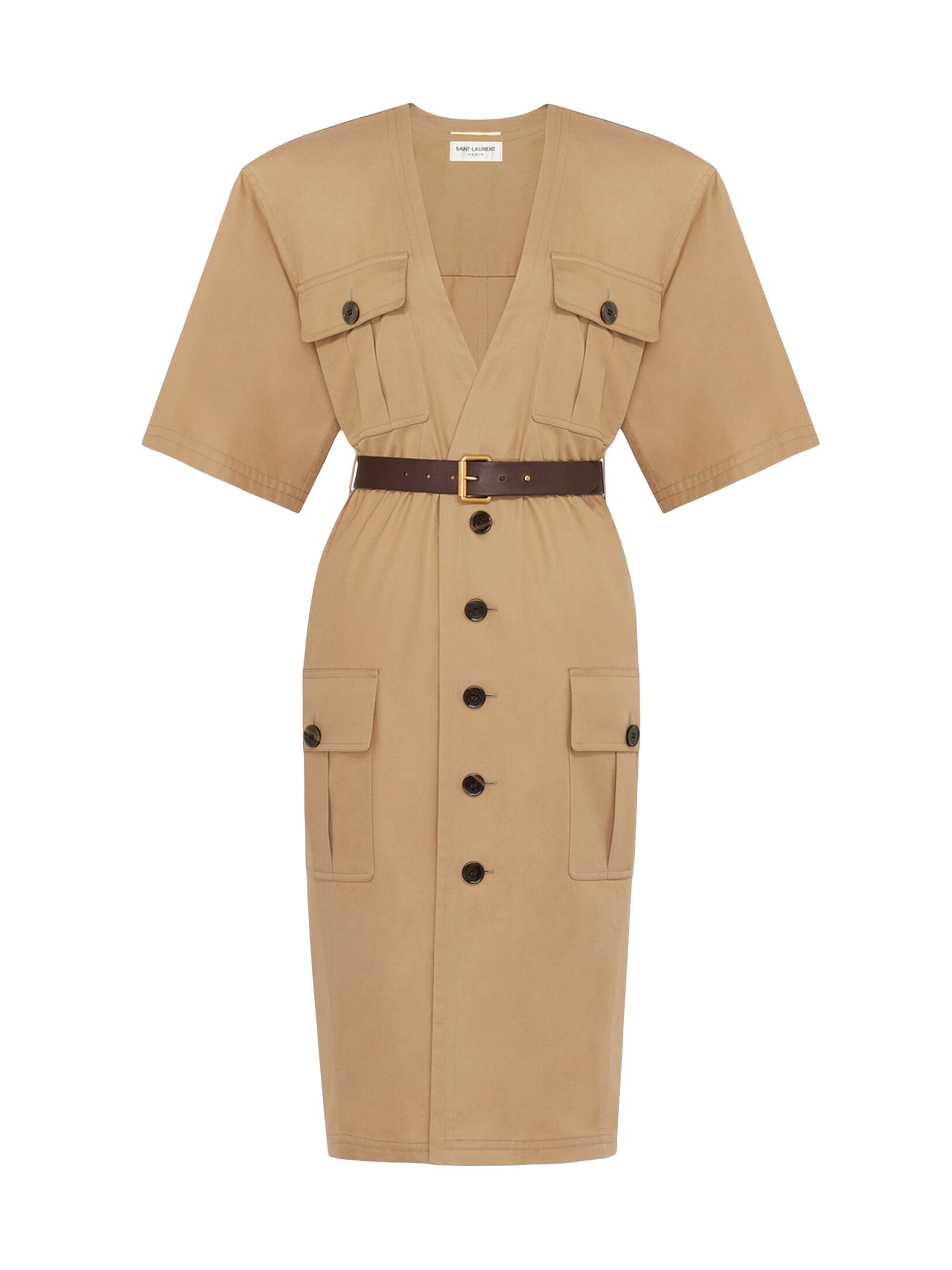 Saint Laurent Women's Saharienne Dress in Cotton Twill - Beige Fonce