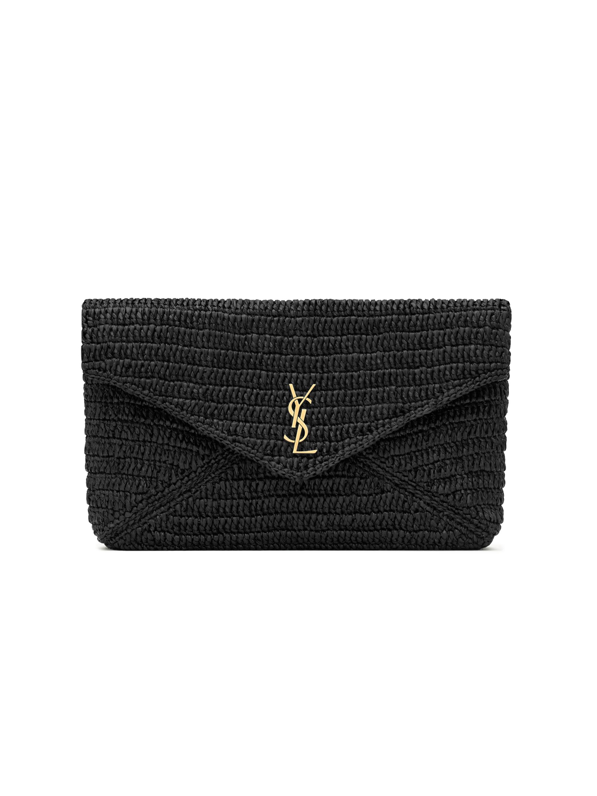 Saint Laurent Women's Cassandre Large Envelope Pouch in Raffia - Noir