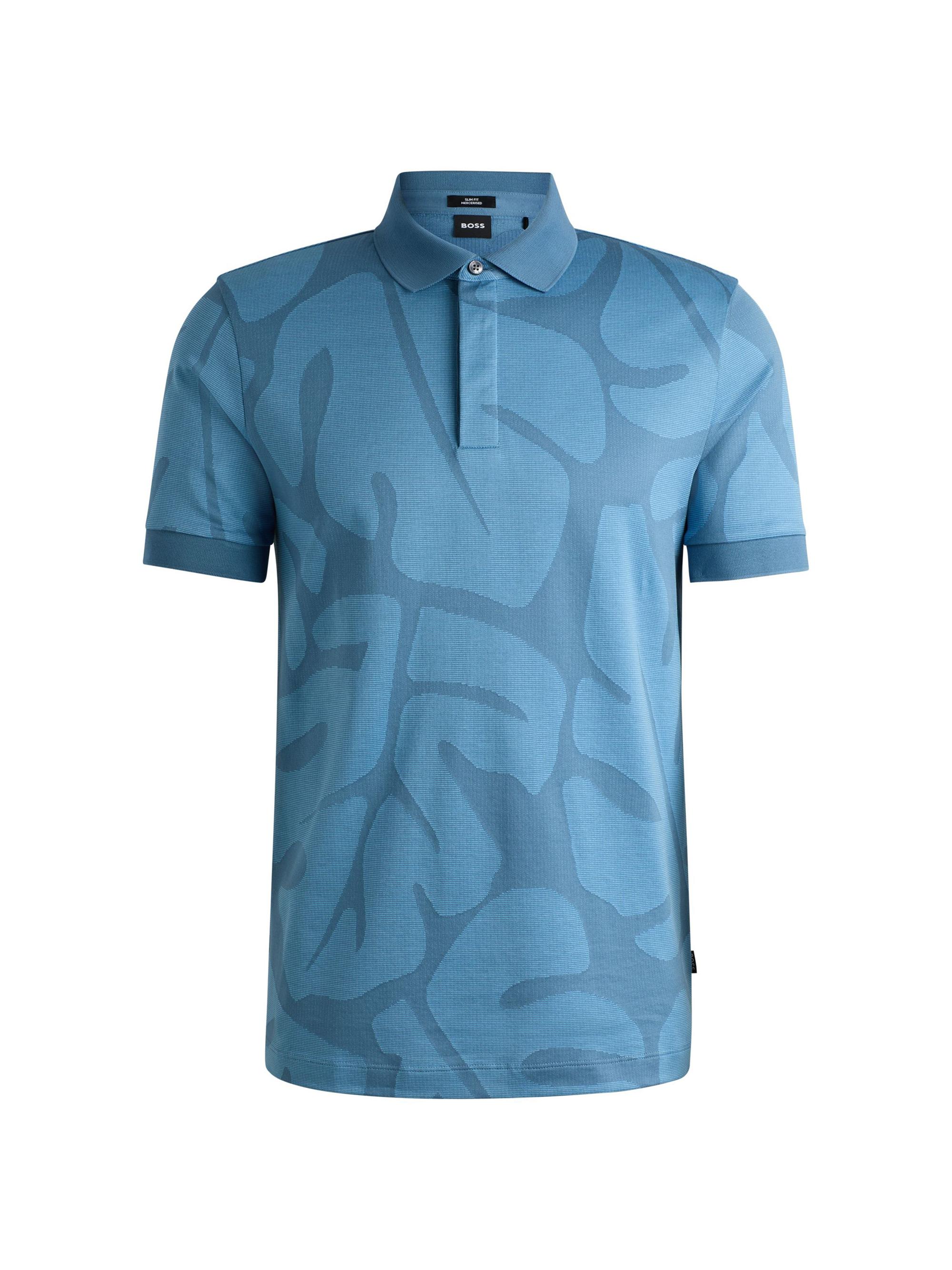 BOSS Men's Slim-Fit Polo Shirt in Monstera-Leaf Cotton - Light Blue