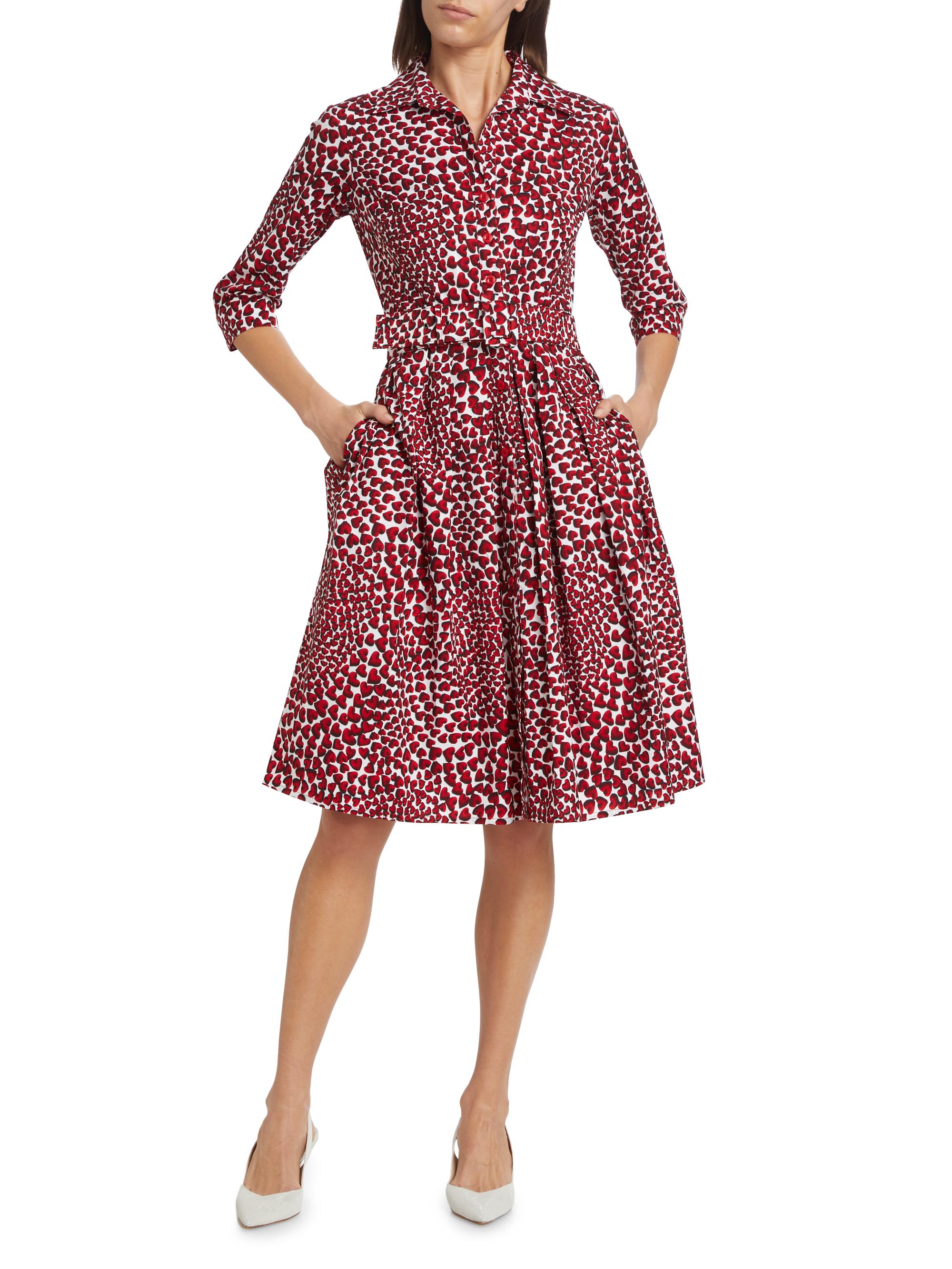 Samantha Sung Women's Audrey Three-Quarter Sleeve Midi-Shirtdress - Heart Wave White Red