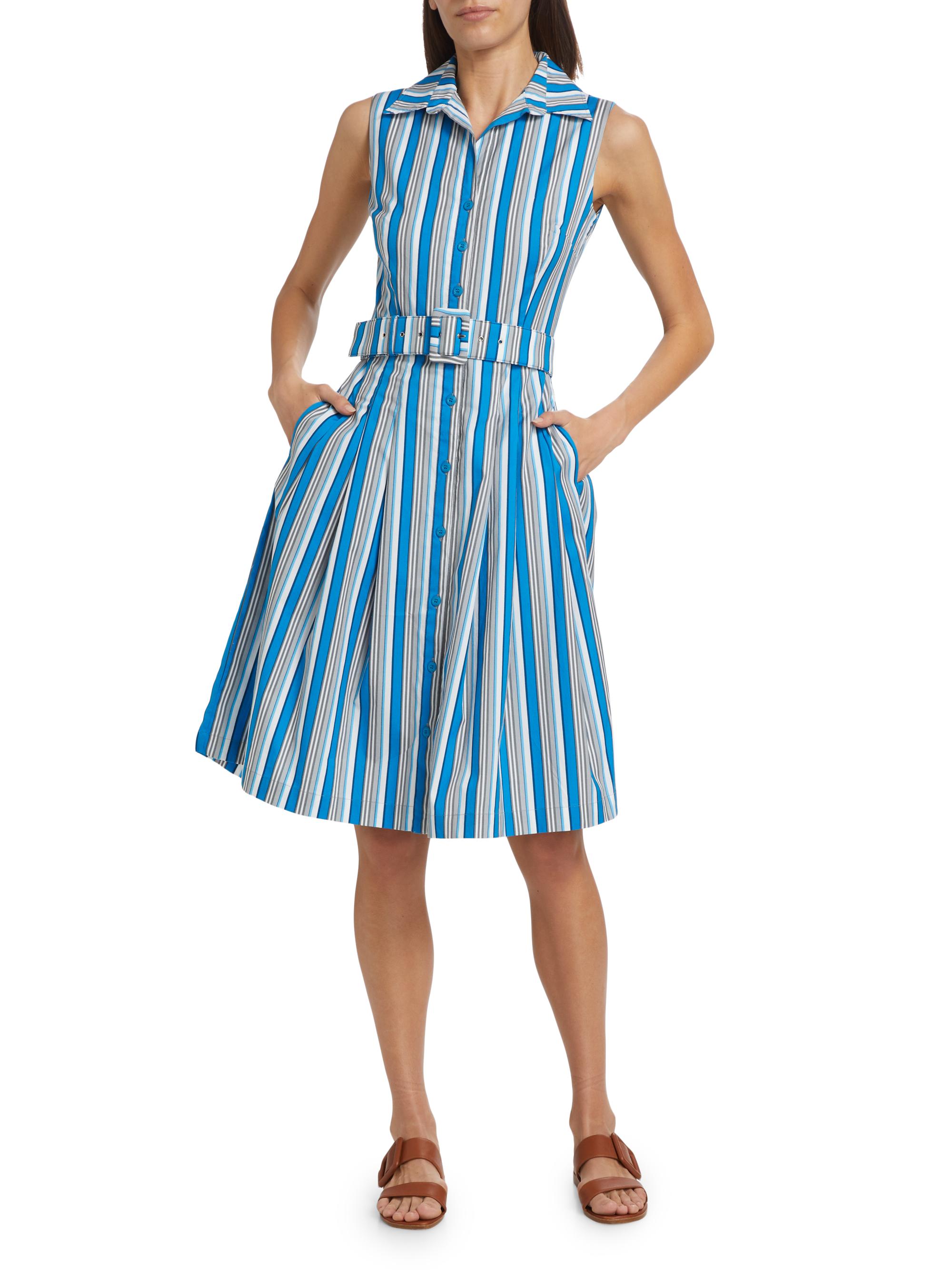 Samantha Sung Women's Audrey Terry Stripe Stretch Cotton Shirtdress - Terry Stripe White Sea Blue