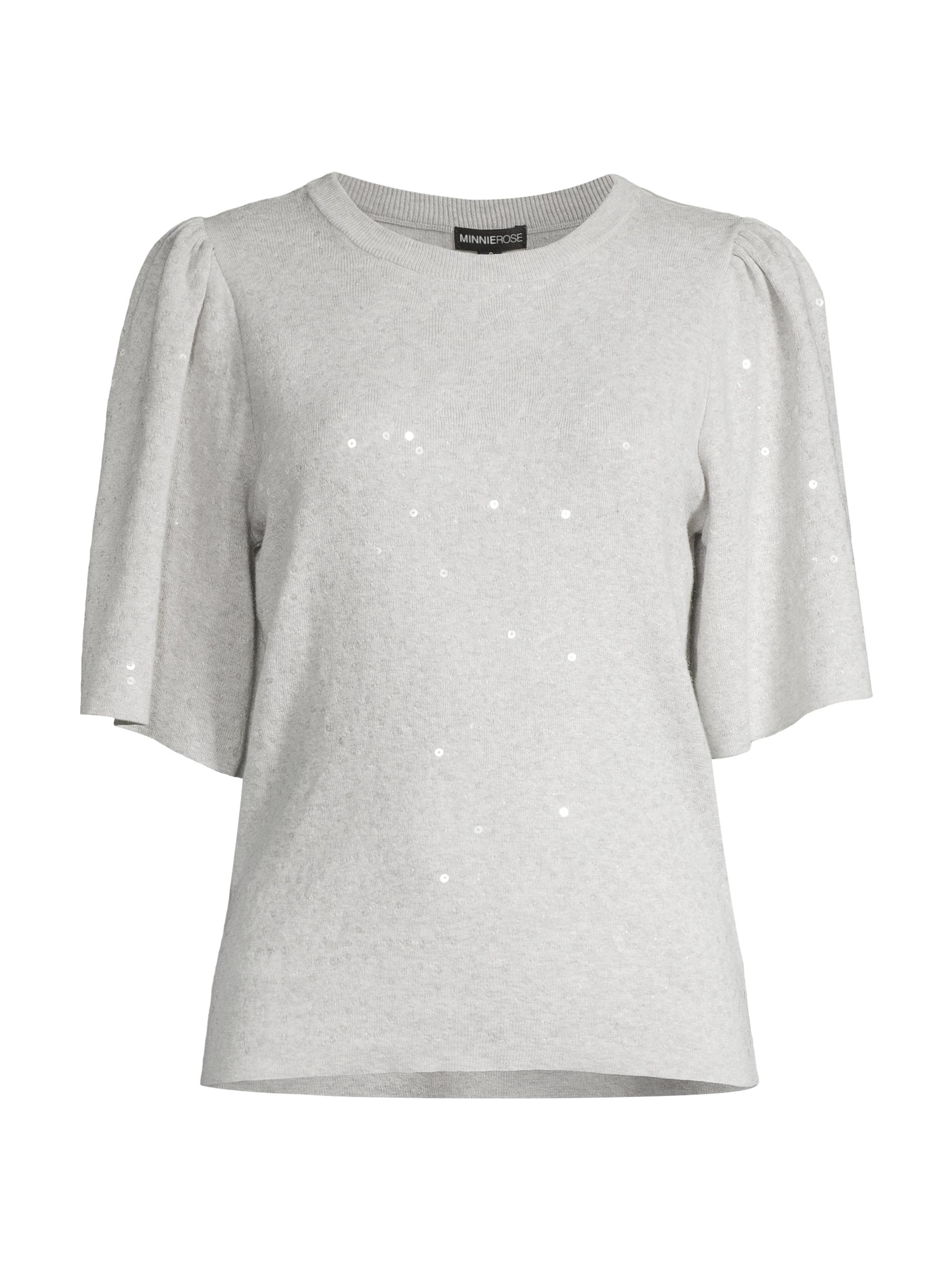 Minnie Rose Women's Sequin Flared Short-Sleeve Top - Light Heather Grey