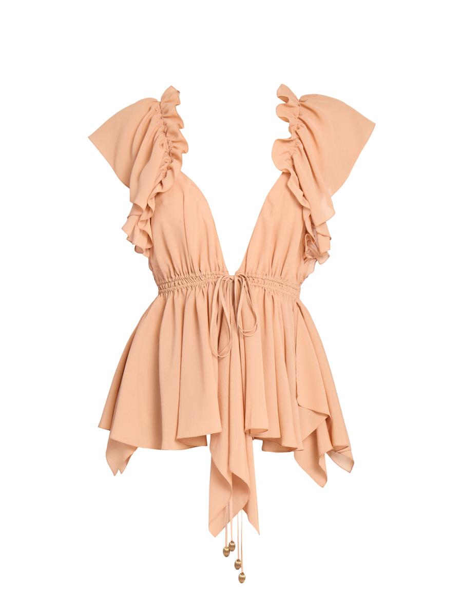 CHLOE V NECK ROMPERS ブラウン　Sサイズ Chloé Silk Ruffled Plunging V-Neck Top | Saks Fifth Avenue