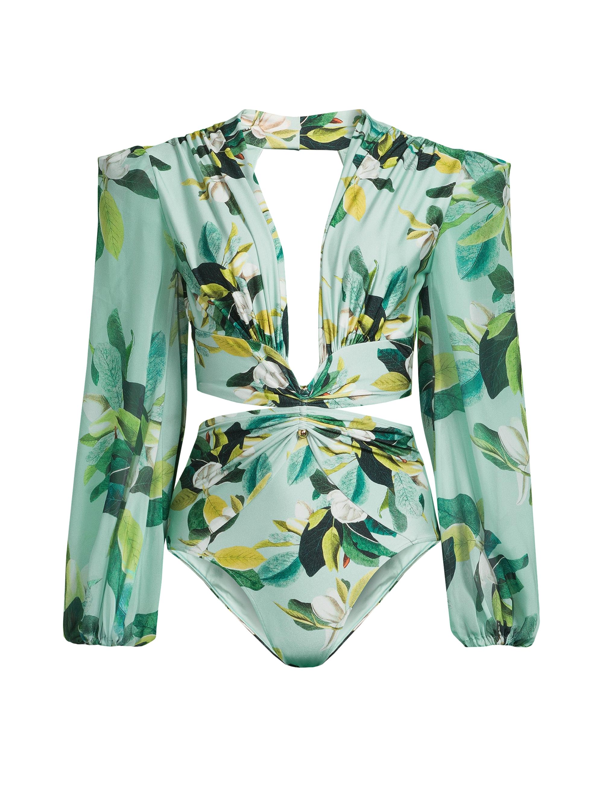 PatBO Women's Magnolia Long-Sleeve Cut-Out Bodysuit - Green Multi