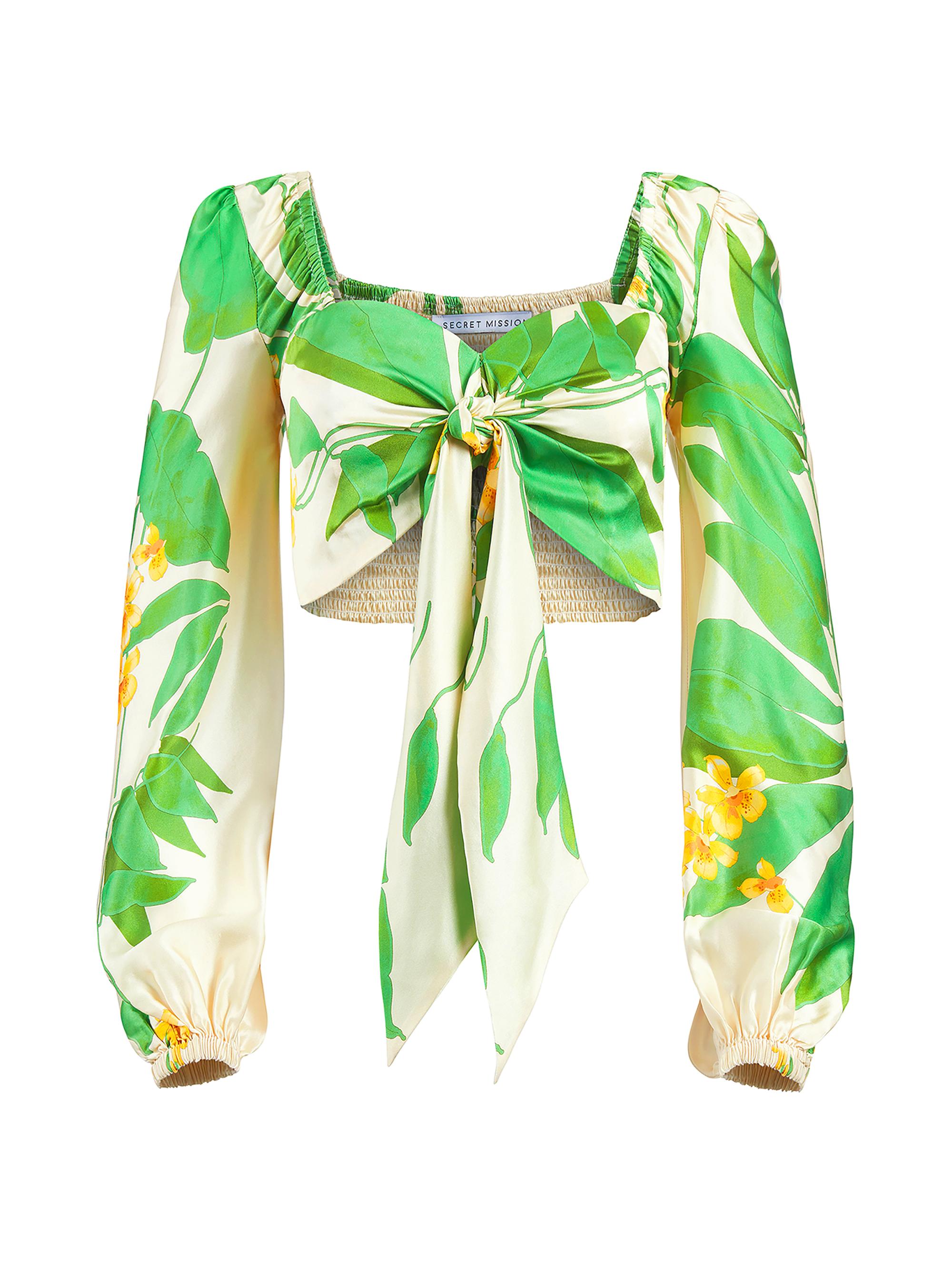 Secret Mission Women's St Lucia Natalie Printed Silk Self-Tie Top - Tropical Green