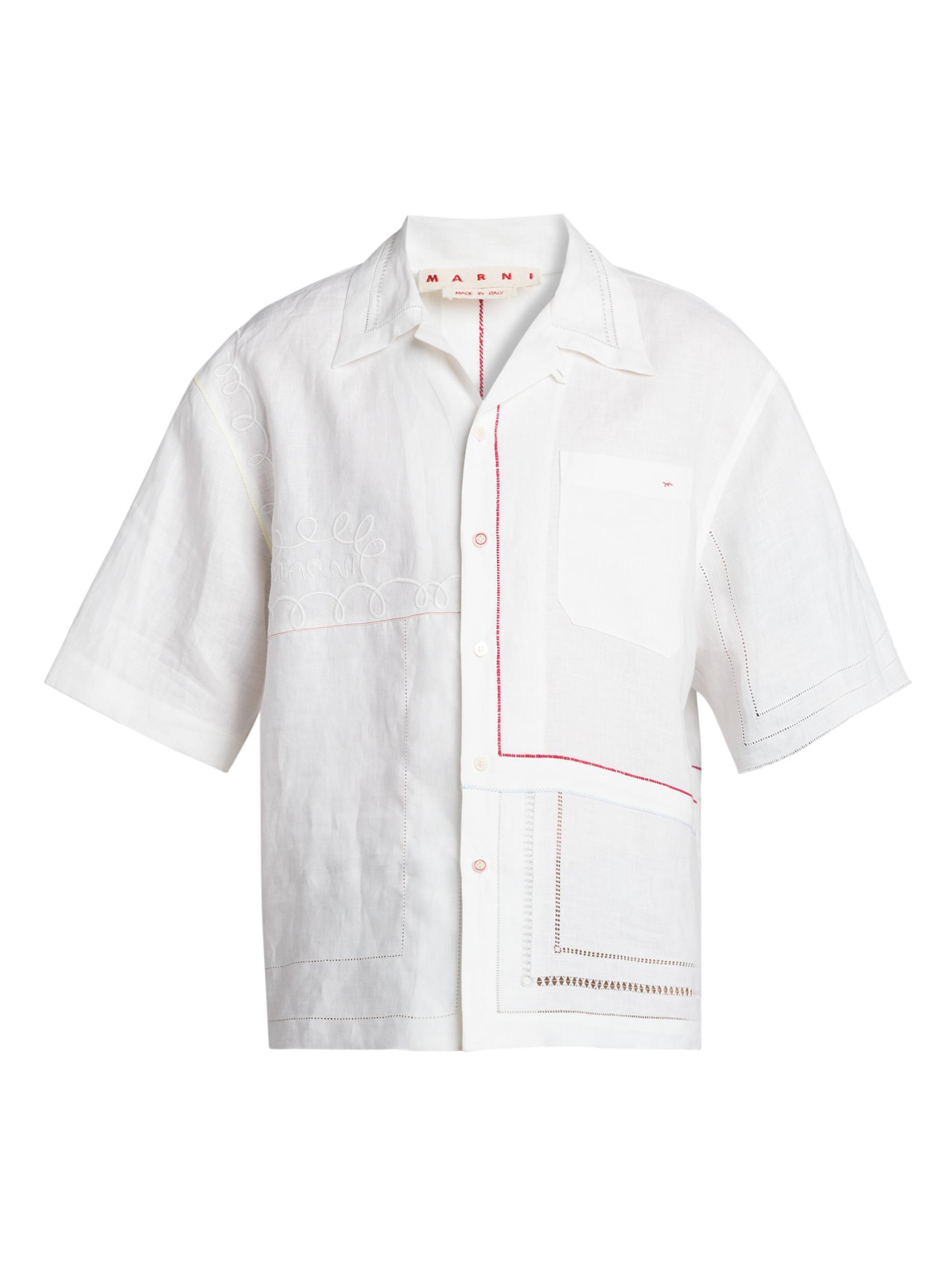 Marni Men's Embroidered Linen Bowling Shirt - Lily White