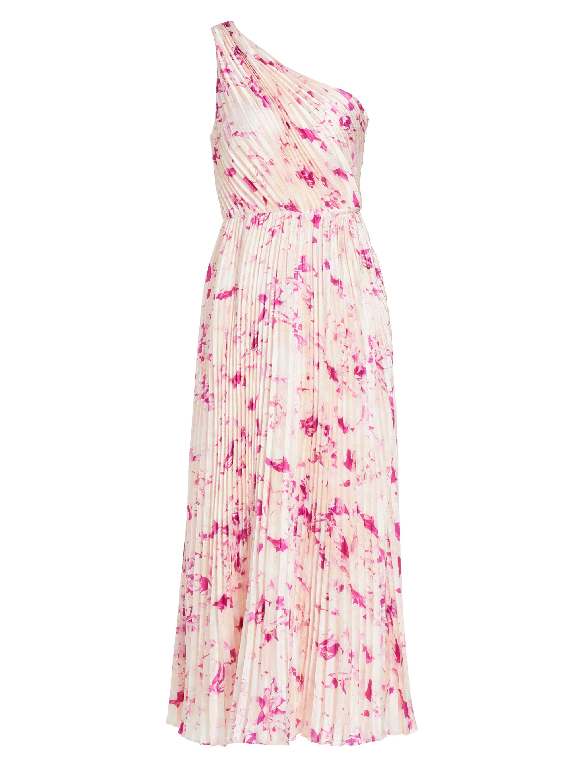 ML Monique Lhuillier Alina Floral Pleated One-Shoulder Maxi Dress