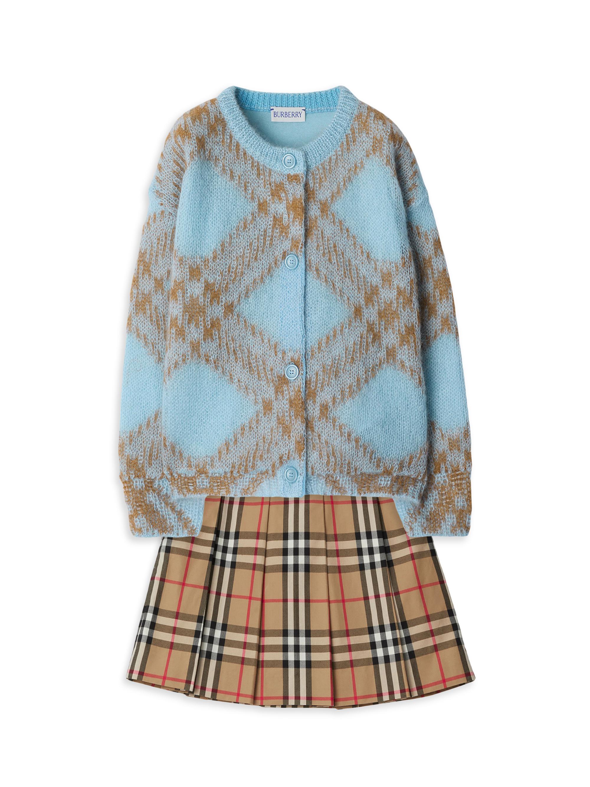 BURBERRY バーバリー ニットブルゾン ブルーフロストフォックスファー付き Burberry Little Girl's & Girl's Check Mohair Cardigan | Saks Fifth