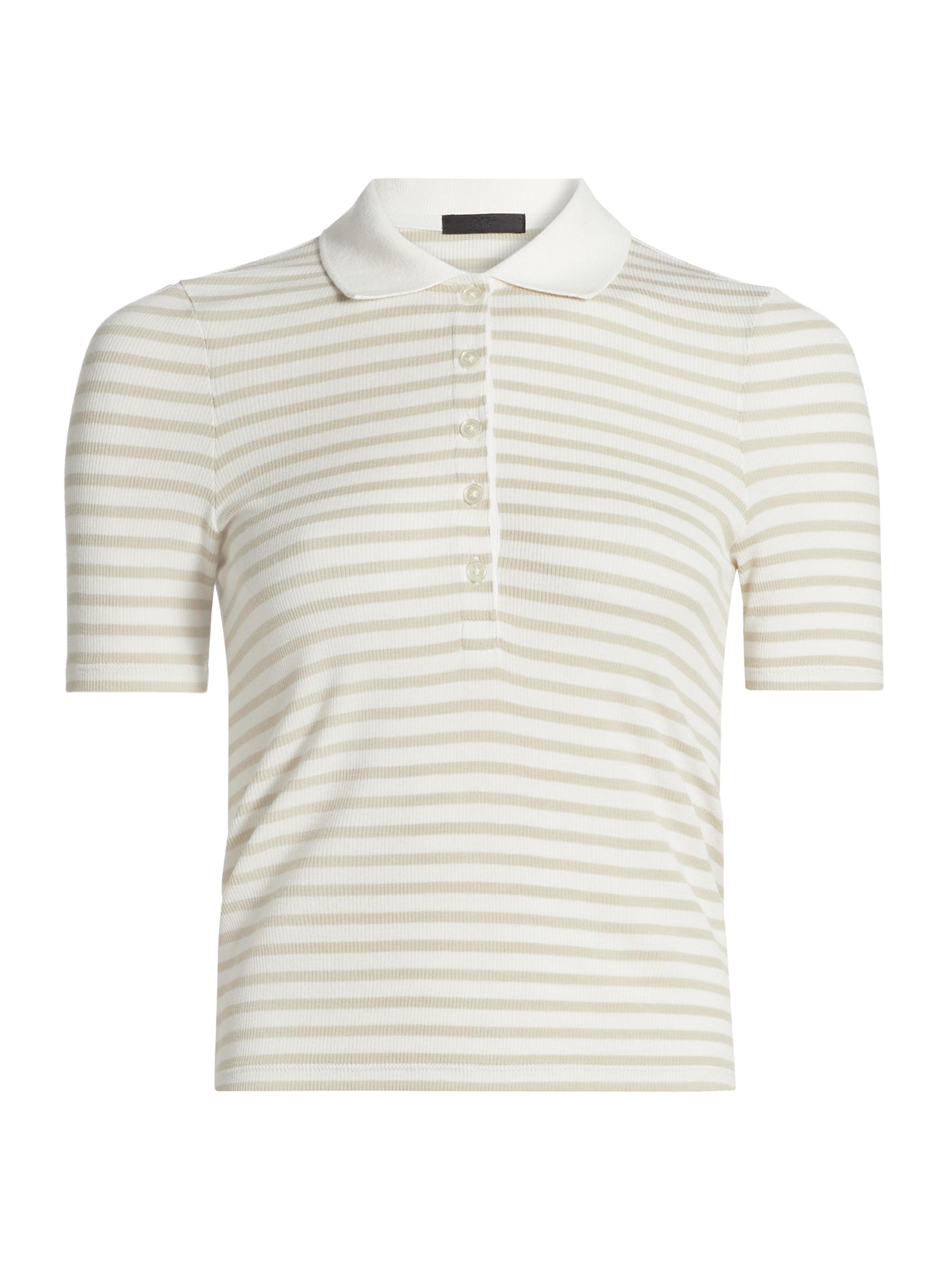 ATM Anthony Thomas Melillo Women's Striped Rib-Knit Polo Shirt - Chalk Morning Mist