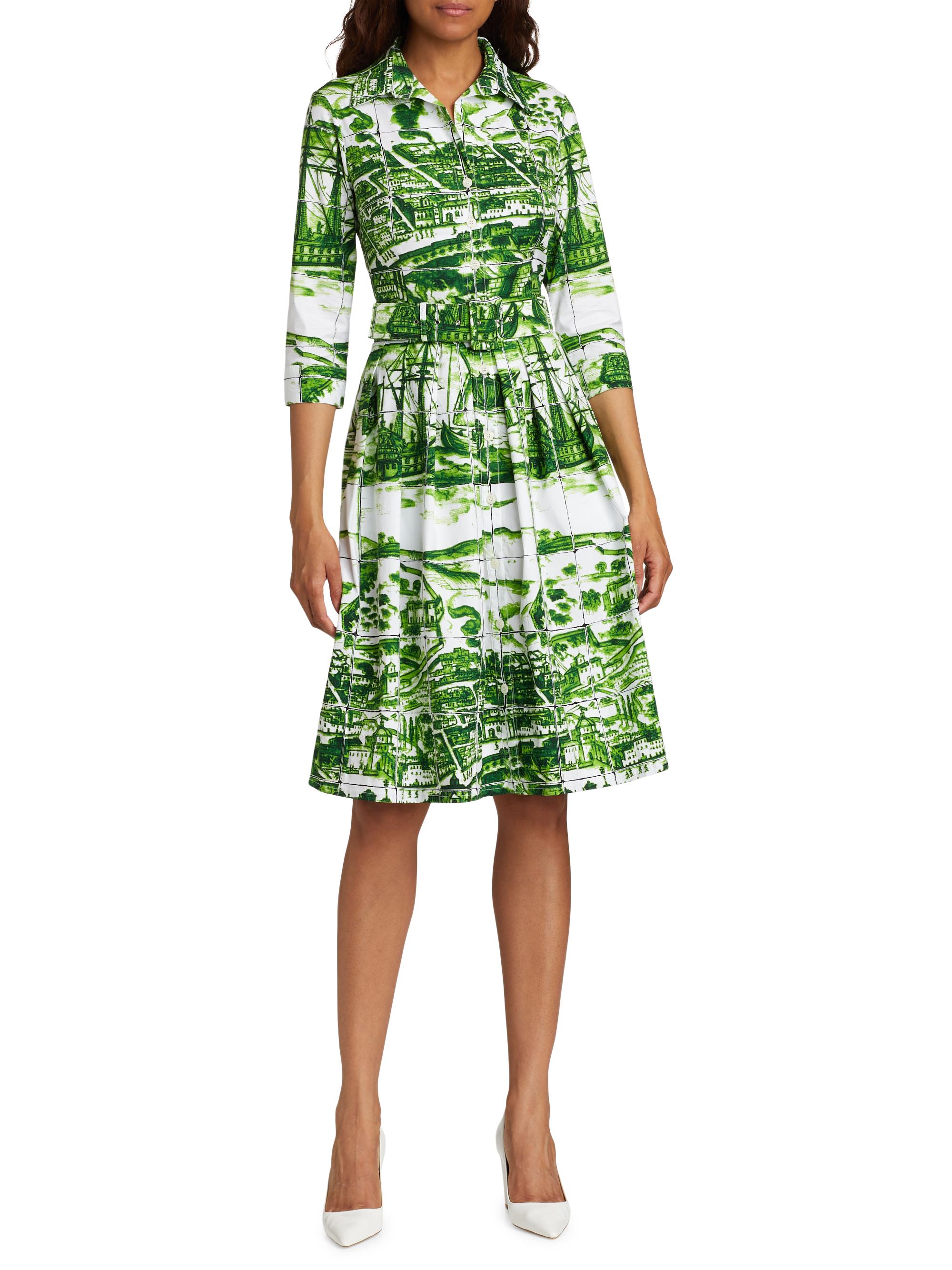 Samantha Sung Women's Audrey Toile Cotton Shirtdress - White Green