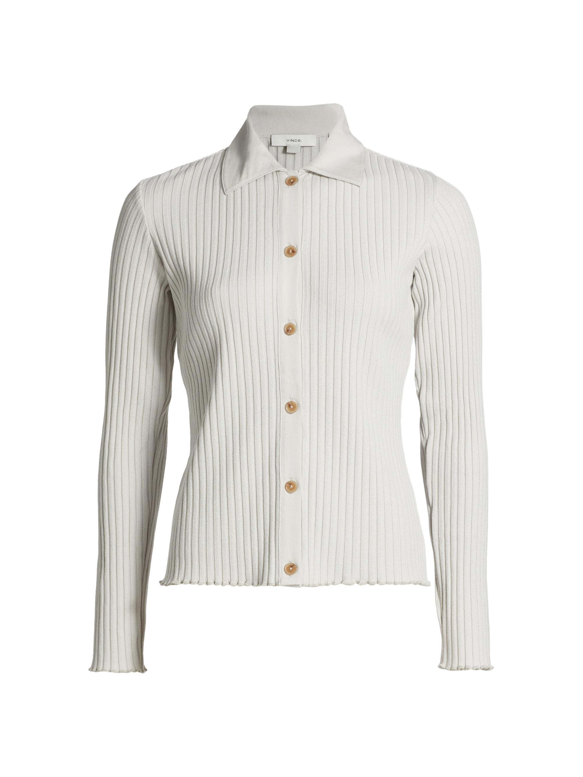 Vince Women's Cotton-Blend Rib-Knit Polo Shirt - Salt Glass