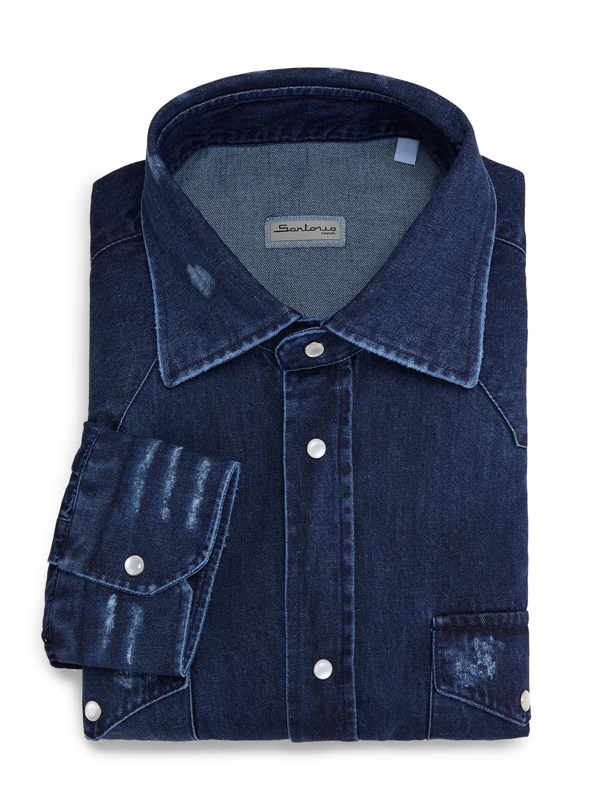 Sartorio Napoli Men's Denim Snap-Front Shirt - Dark Wash Blue