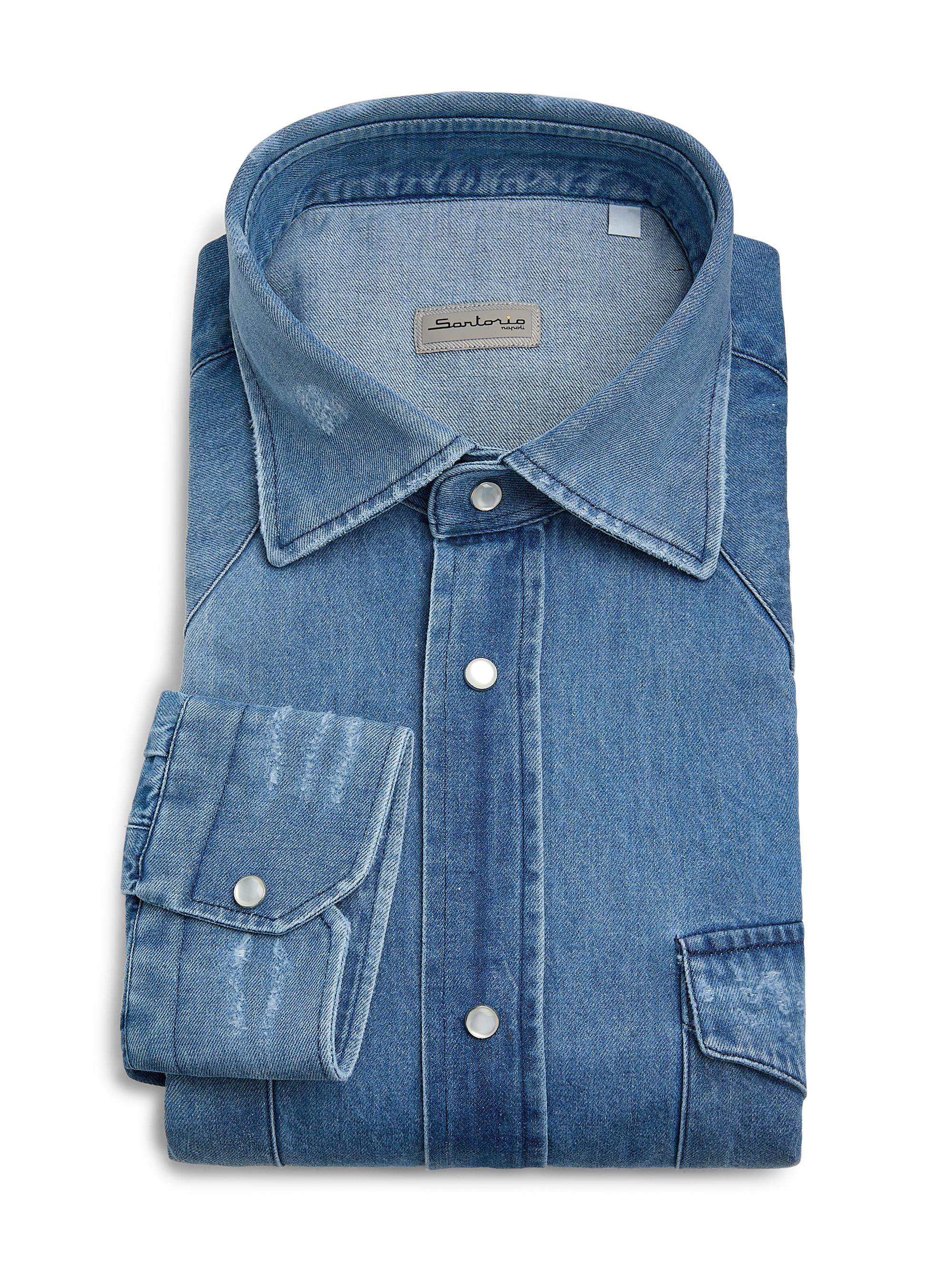 Sartorio Napoli Men's Denim Snap-Front Shirt - Light Denim