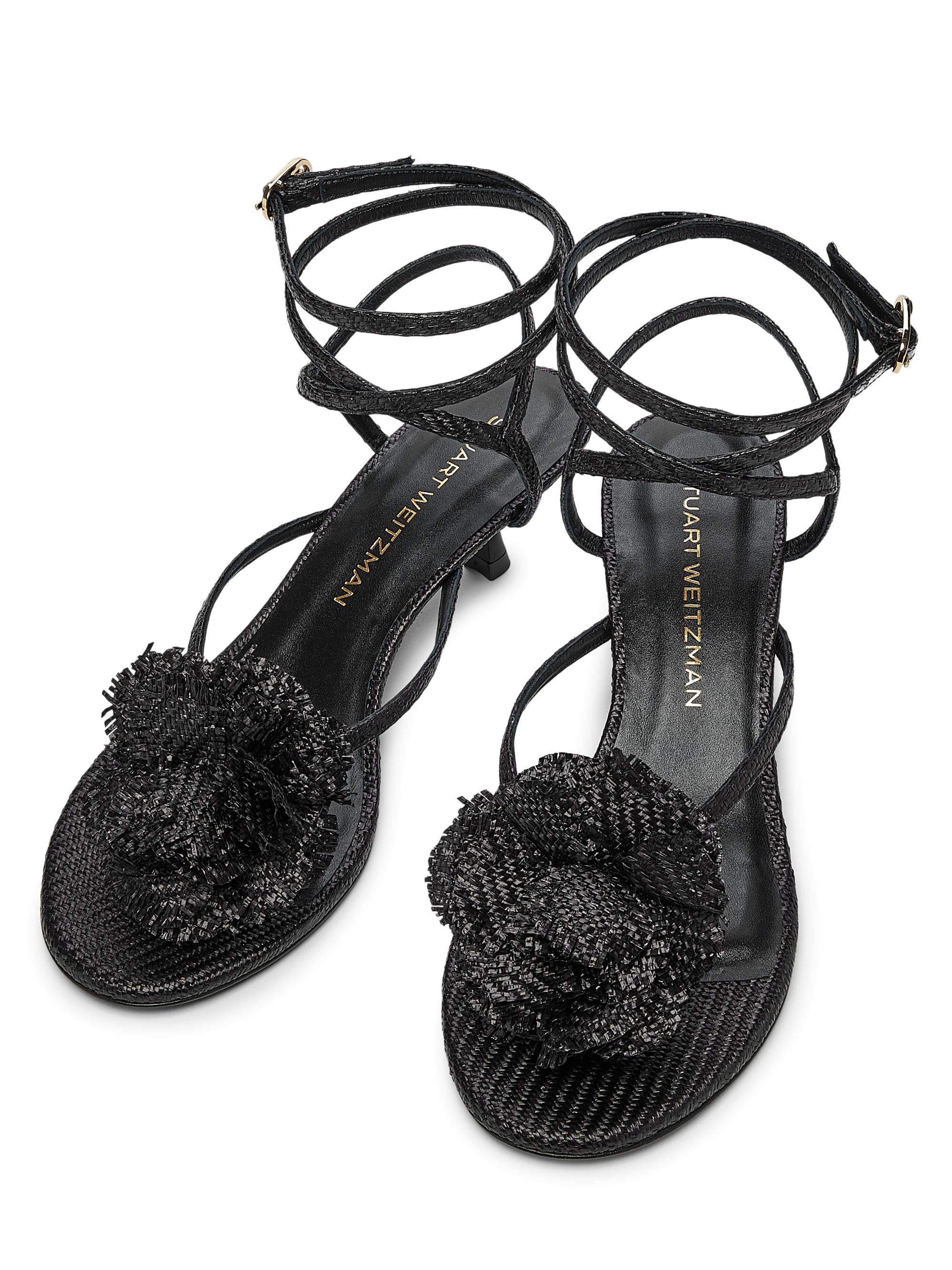Stuart Weitzman Belize Floral-Appliquéd 50MM Raffia Ankle-Wrap
