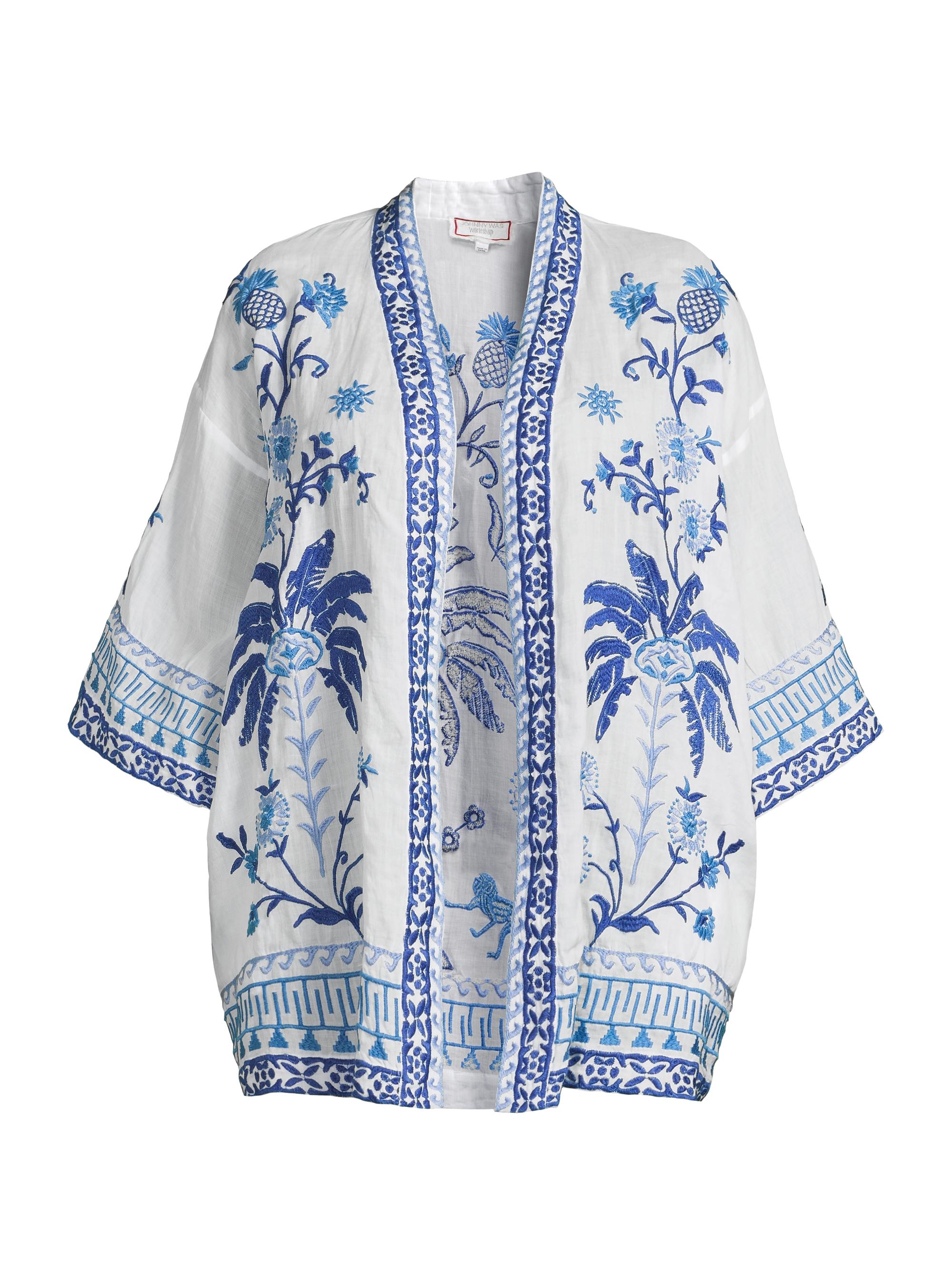 Johnny Was Women's Tarra Embroidered Open Caftan Top - White
