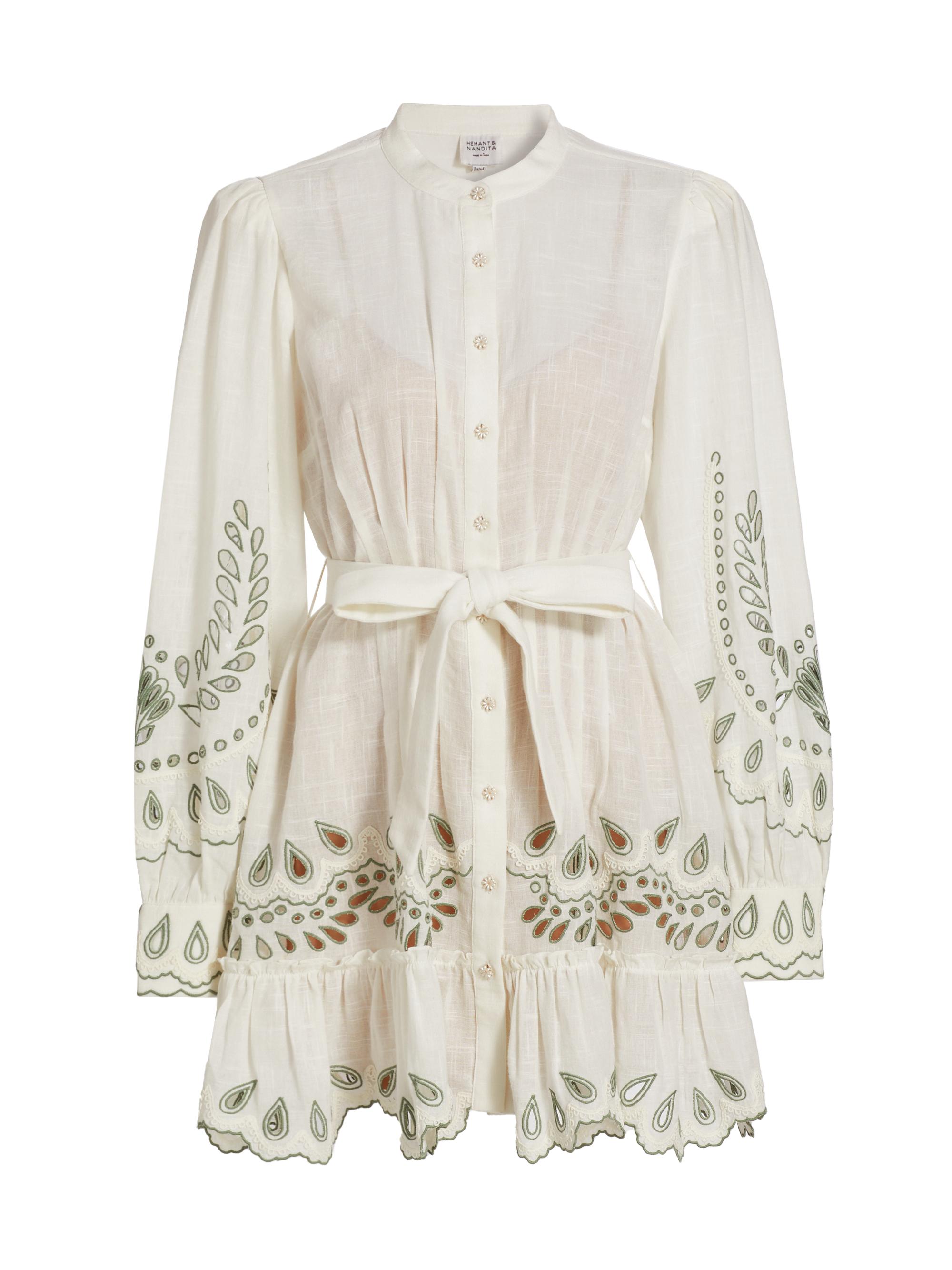 Hemant & Nandita Women's Embroidered Cotton Tie-Waist Minidress - Off White