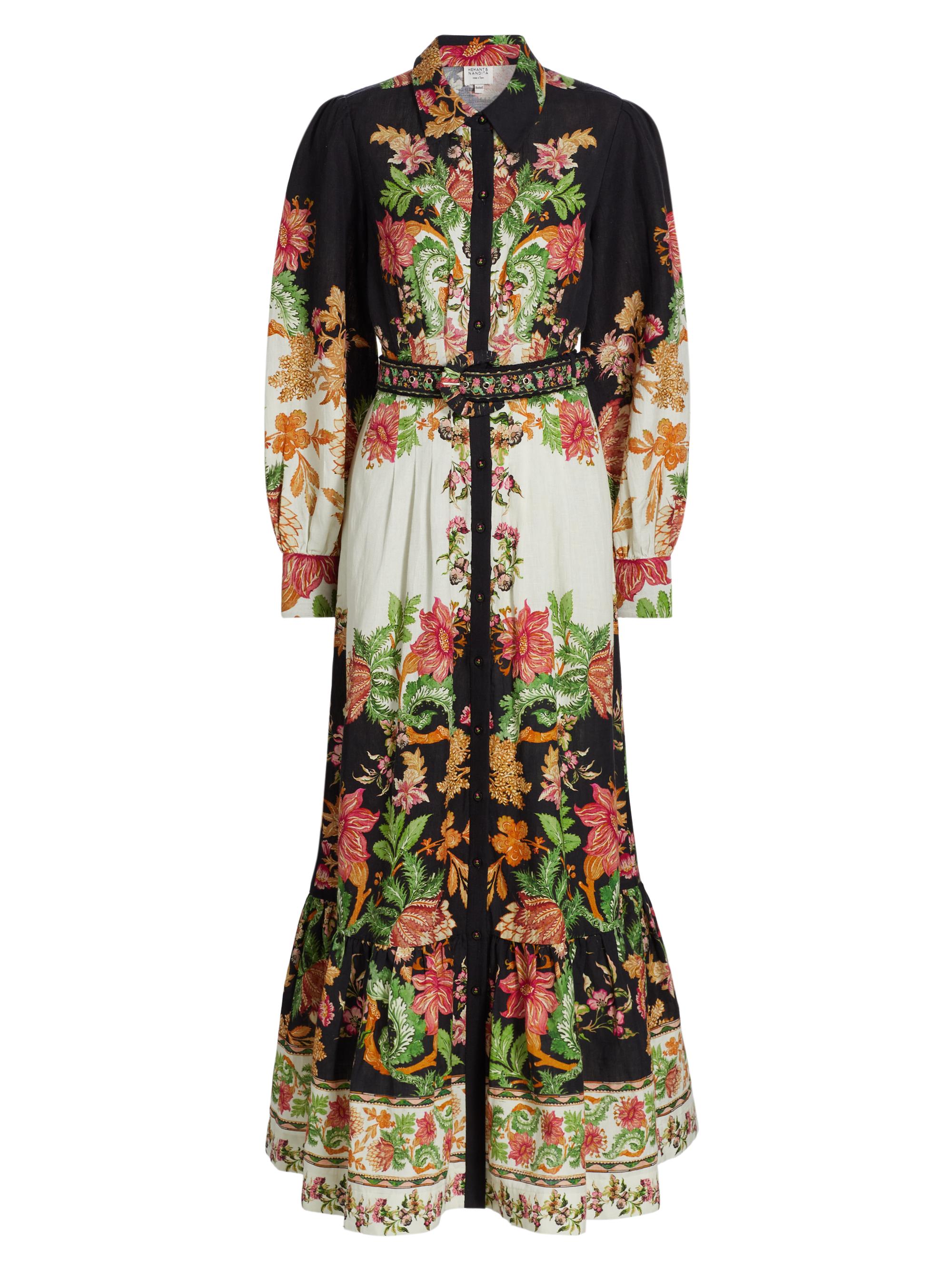 Hemant & Nandita Women's Floral Cotton & Linen Belted Maxi Dress - Black Offwhite Floral