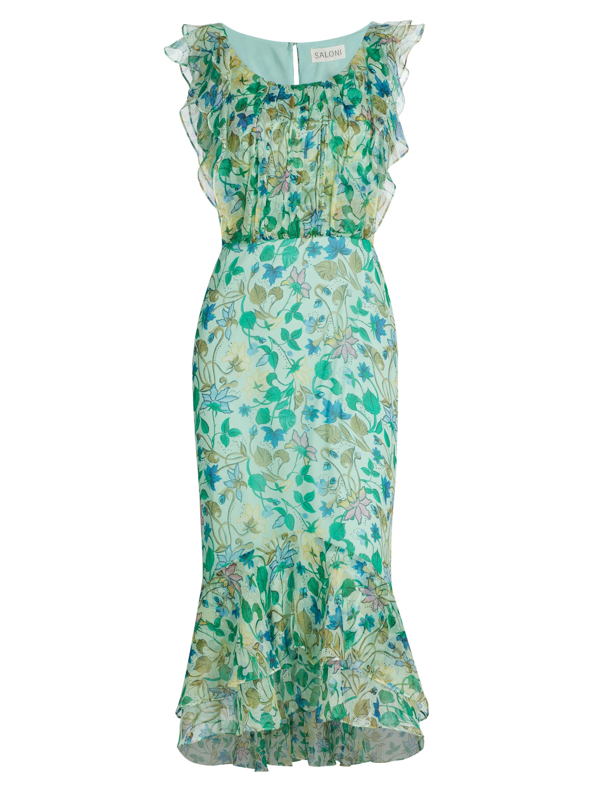 Saloni Women's Aisha Ruffled Floral Silk Midi-Dress - Taman Mint