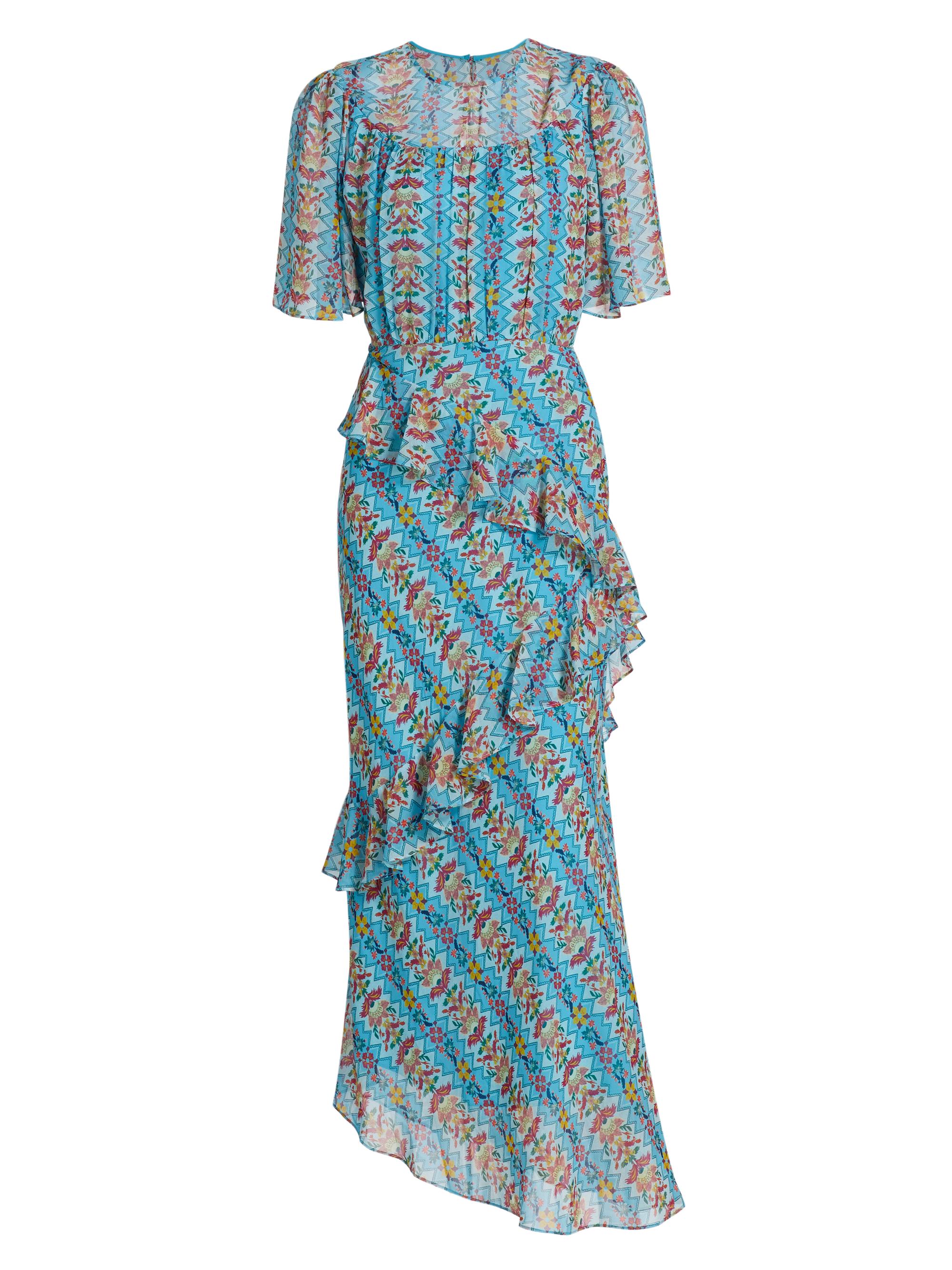 Saloni Women's Vida Printed Silk Ruffled Maxi Dress - Java Lace Sky