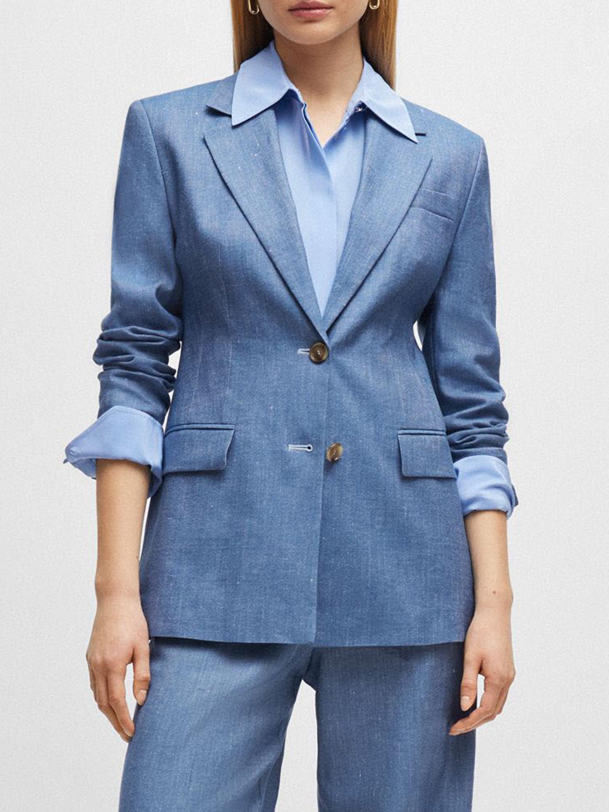 BOSS Women's Single-Breasted Jacket in Linen, Cotton and Stretch - Light Blue