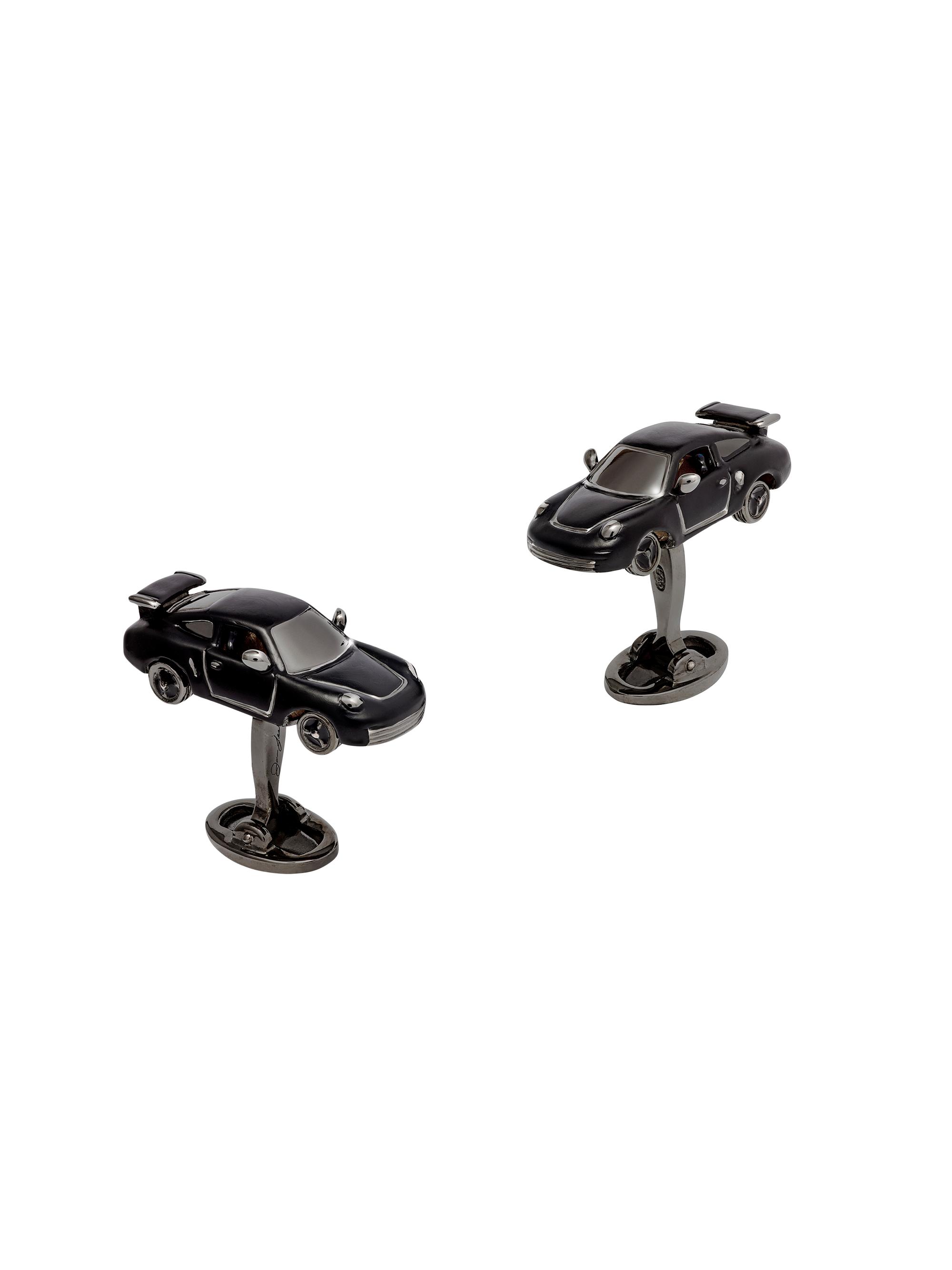 Jan Leslie Men's Sterling Silver, Black Ruthenium & Enamel Sports Car Cufflinks - Black