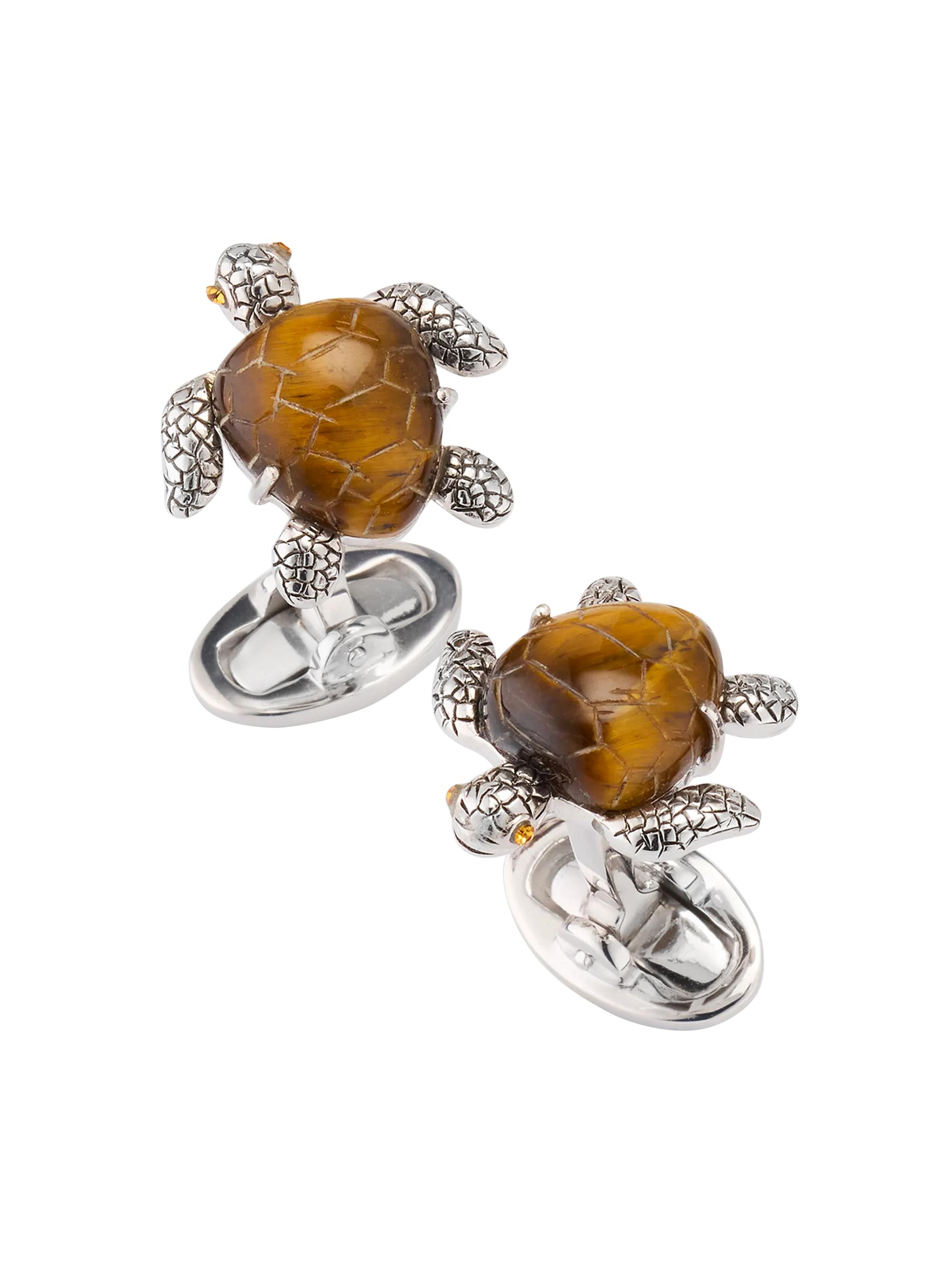 Jan Leslie Men's Sea Turtle Tigers Eye Sterling Silver Cufflinks - Brown