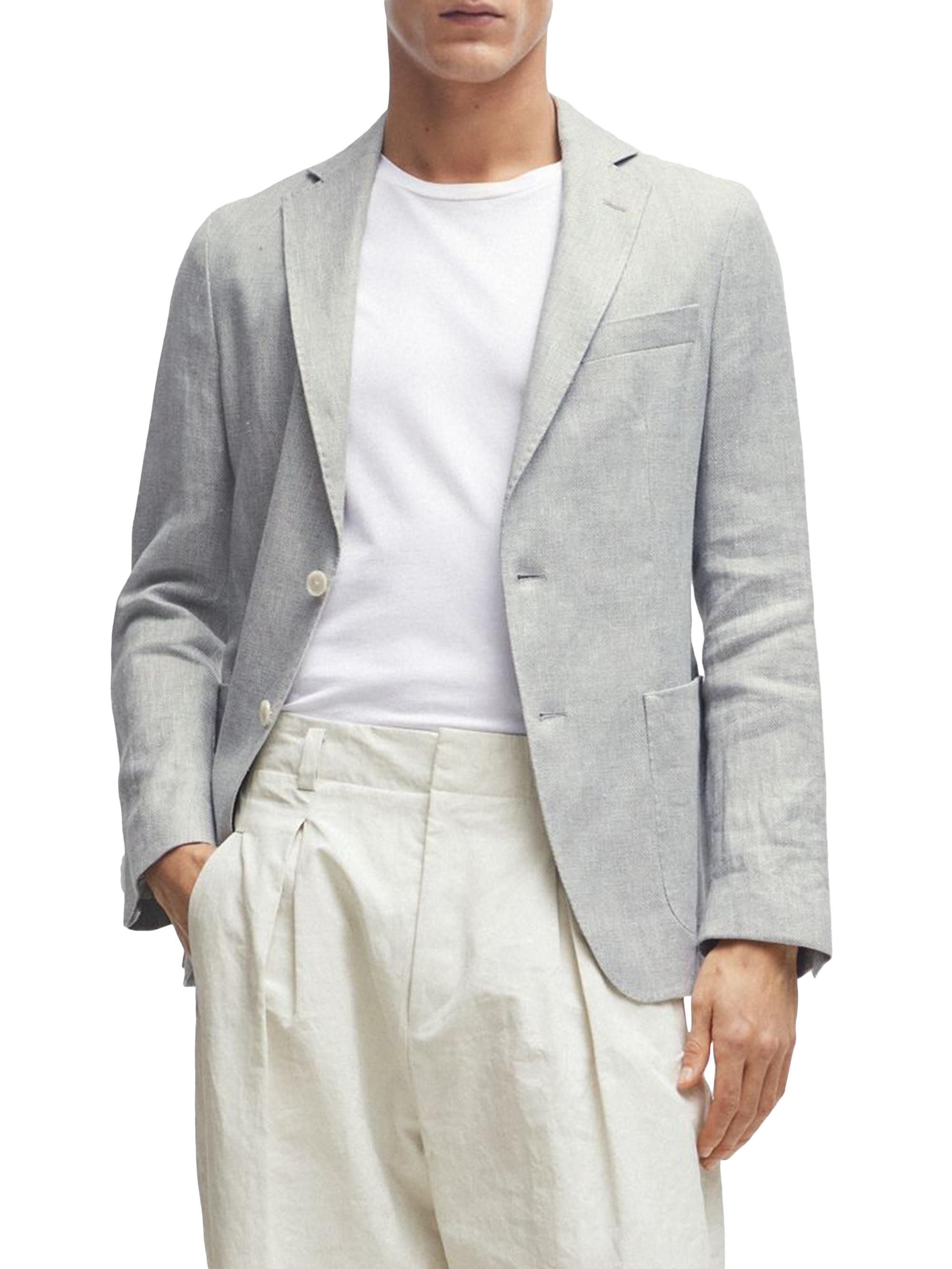 BOSS Men's Slim-Fit Jacket in a Micro-Patterned Linen Blend - Grey