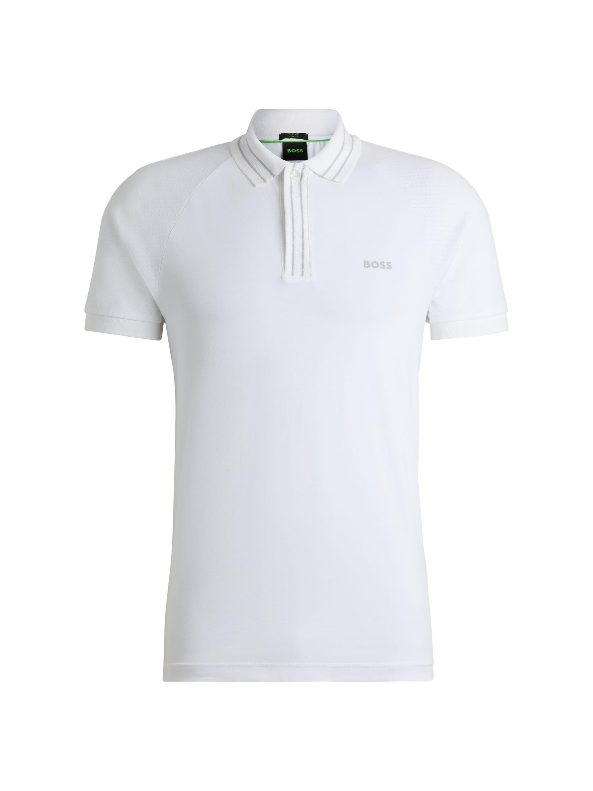 BOSS Men's Stretch-Cotton Polo Shirt with Stripes and Logo - White