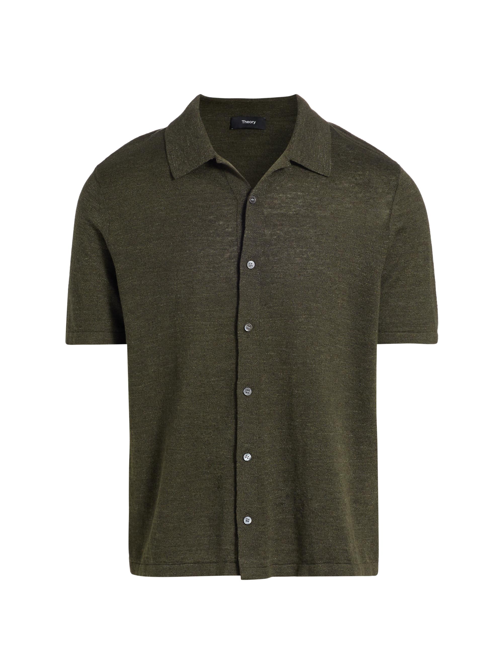 Theory Men's Short-Sleeve Button-Front Linen Shirt - Dark Olive