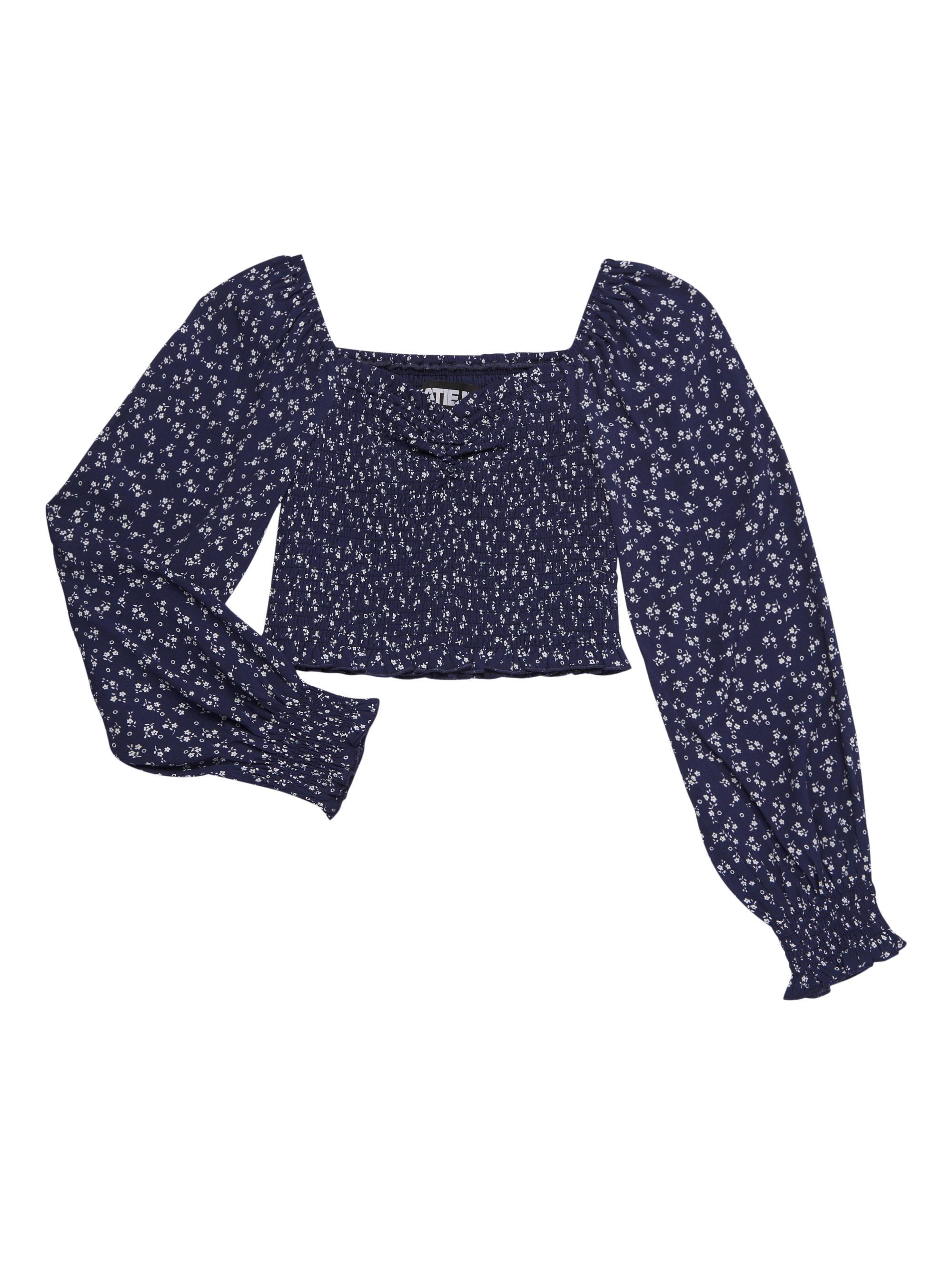 KatieJ NYC Girl's Floral Smocked Top - Evening Blue Floral