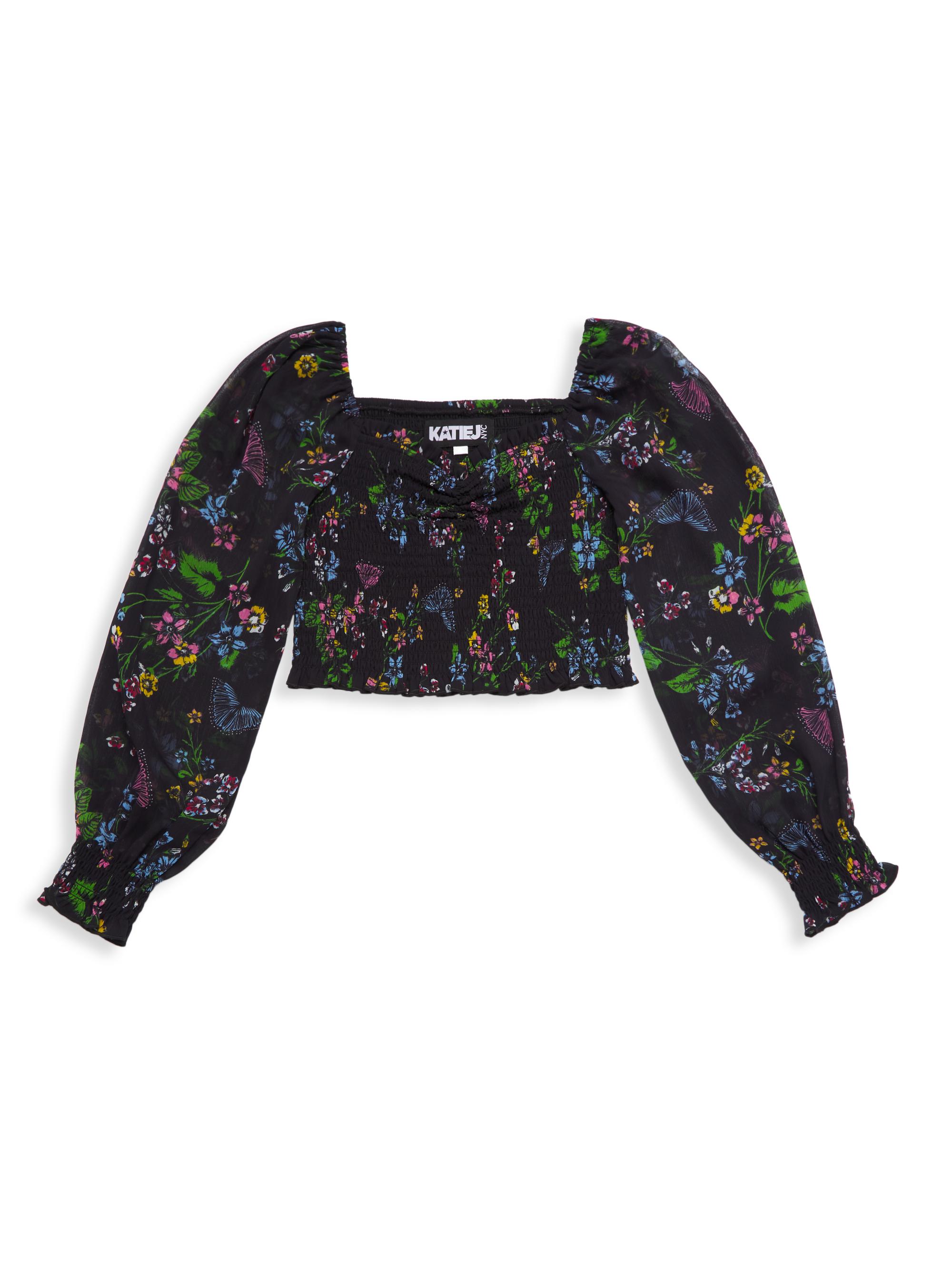 KatieJ NYC Girl's Chloe Floral Smocked Crop Top - Black Floral