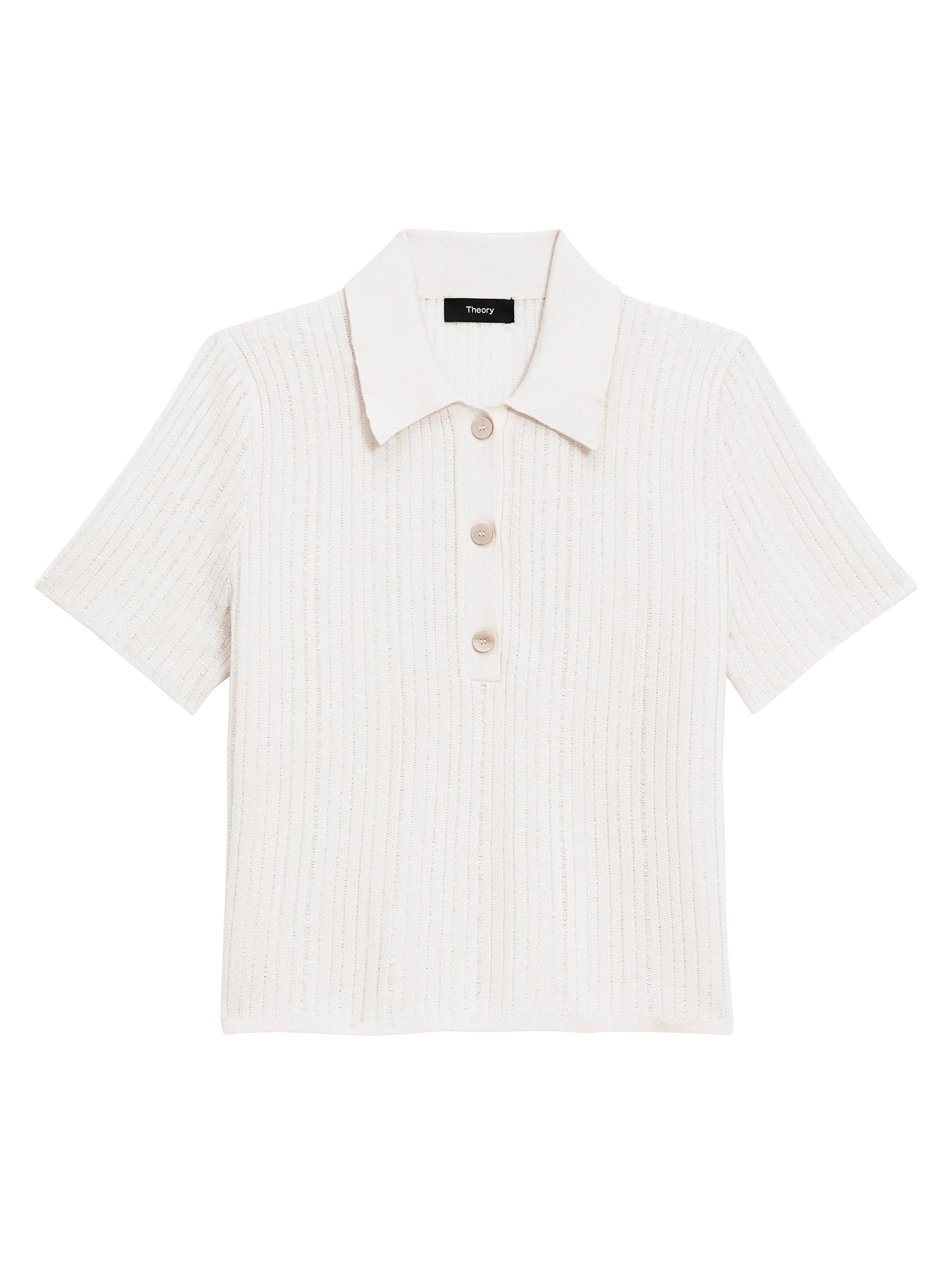 Theory Women's Striped Linen-Blend Crop Polo Shirt - Bone