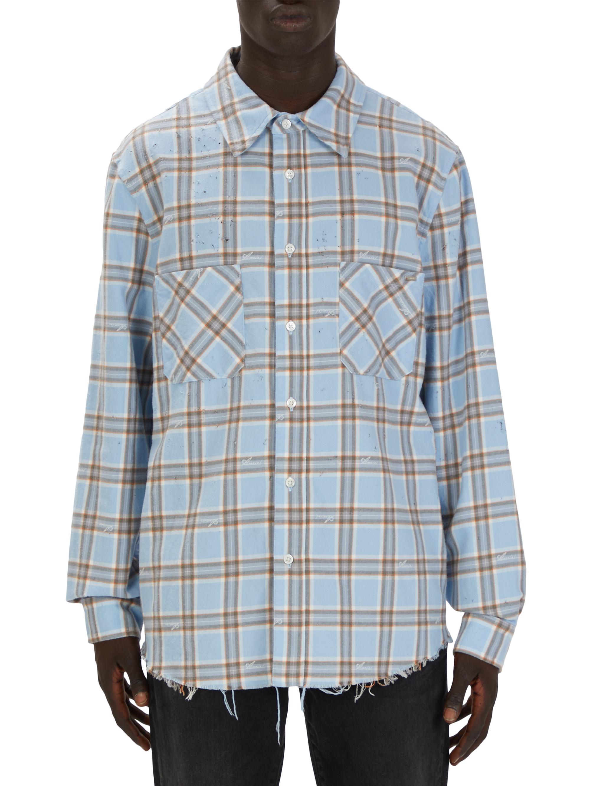 Amiri Men's Shotgun Distressed Flannel Shirt - Sea Blue